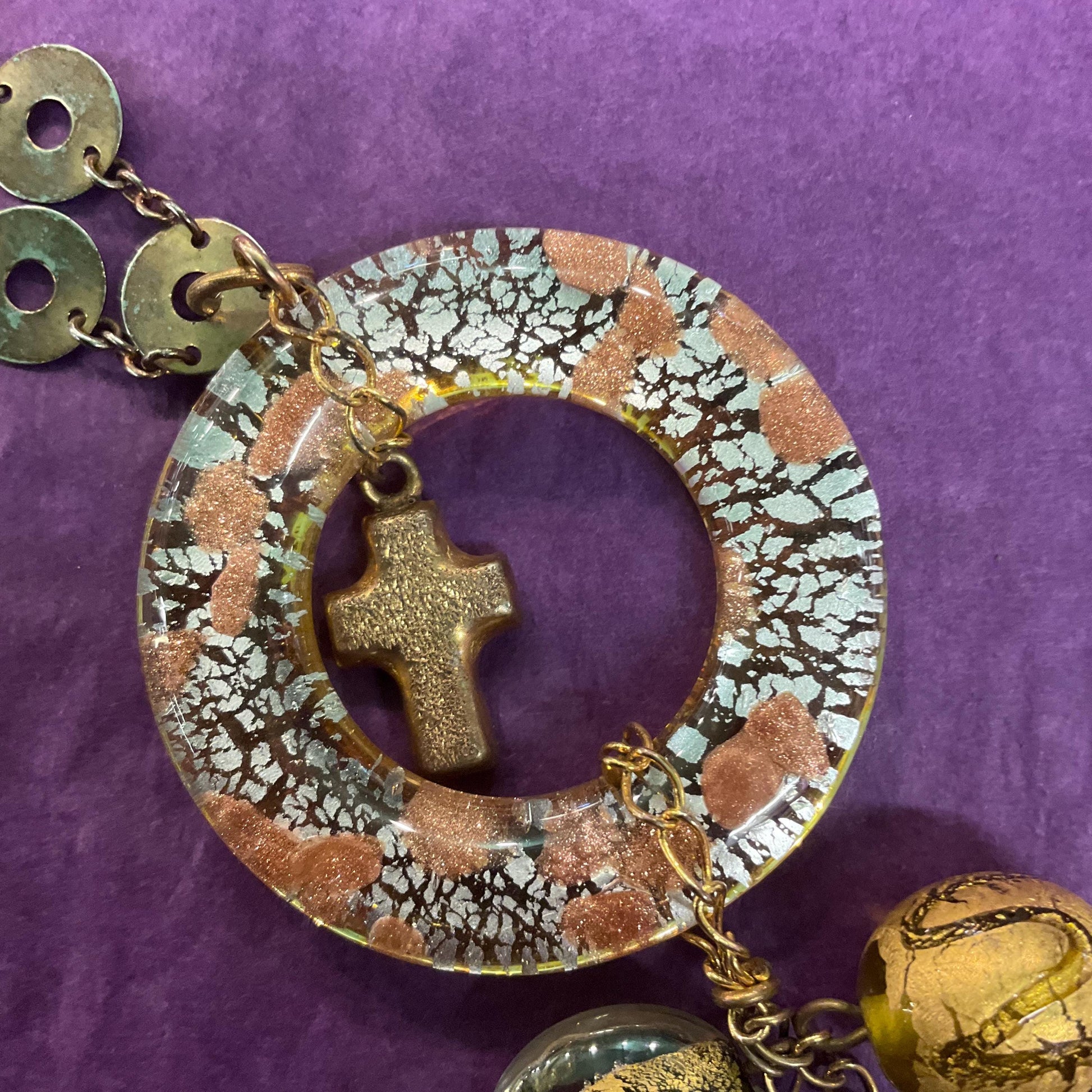 Vintage Butler and Wilson Gold Foiled Glass Tassled Statement Pendant, Gold and Silver tone