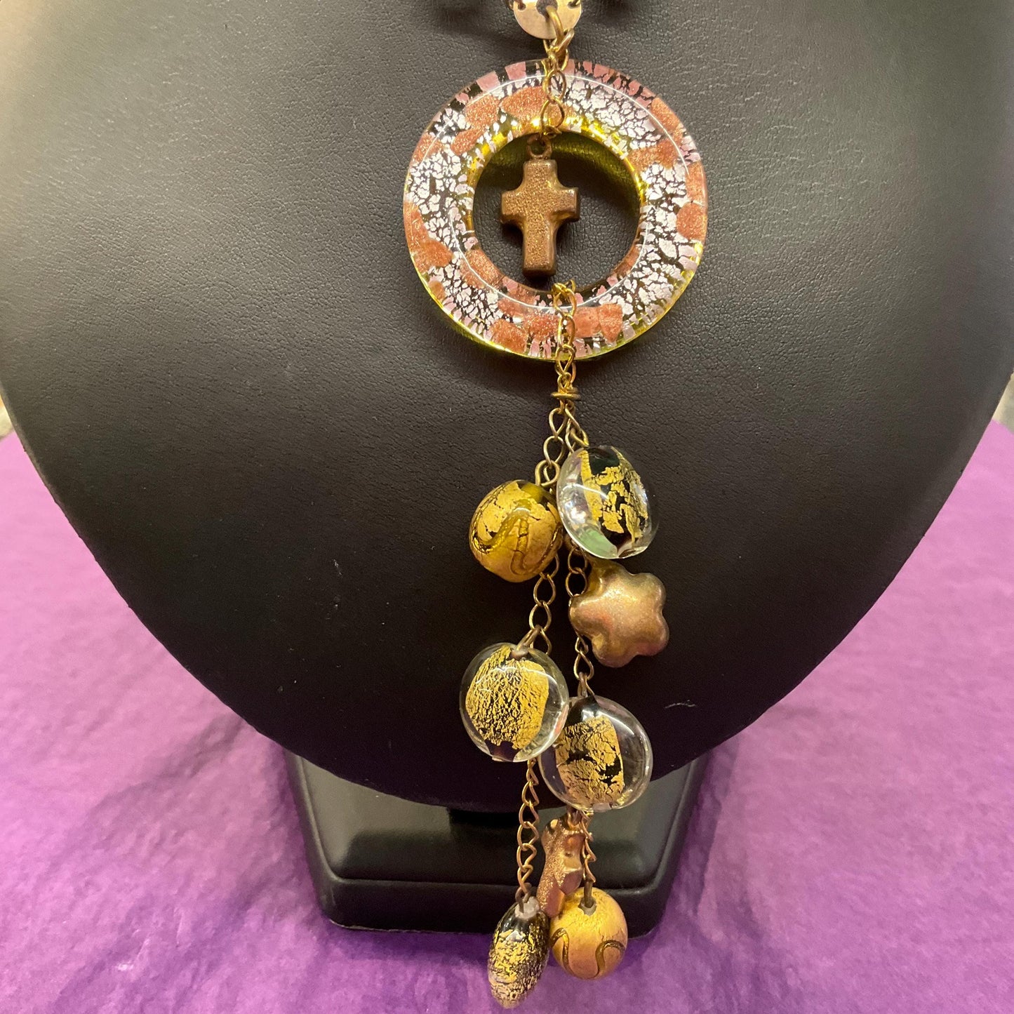 Vintage Butler and Wilson Gold Foiled Glass Tassled Statement Pendant, Gold and Silver tone