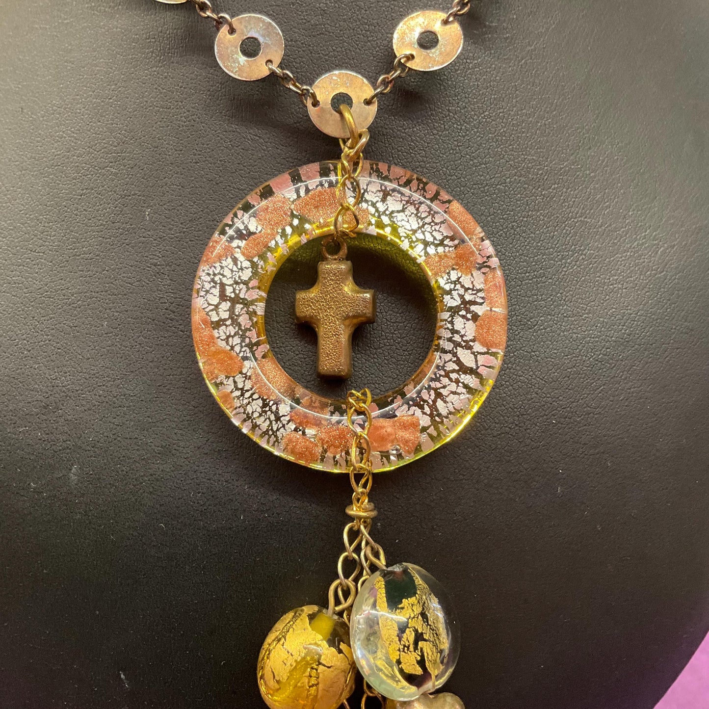 Vintage Butler and Wilson Gold Foiled Glass Tassled Statement Pendant, Gold and Silver tone