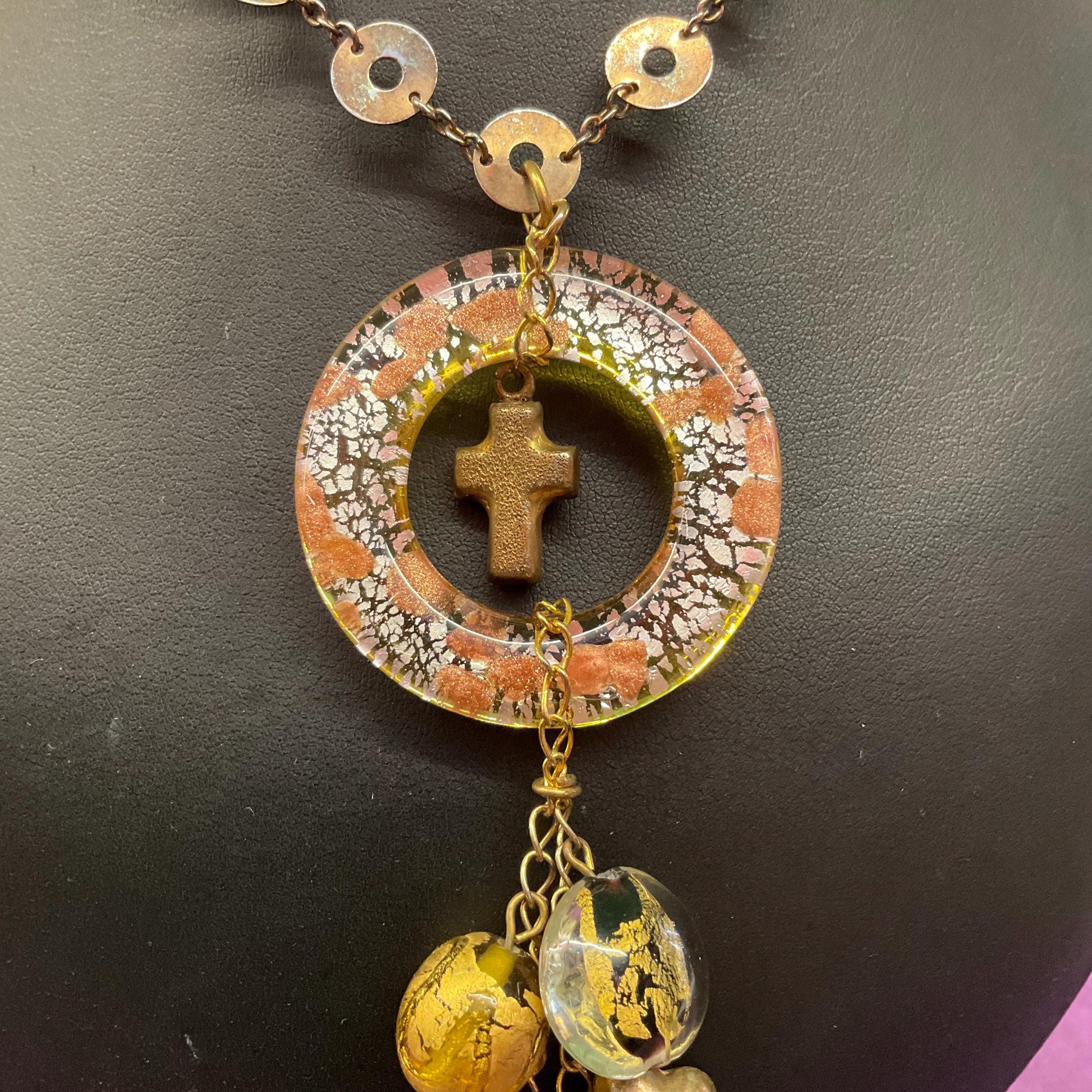 Vintage Butler and Wilson Gold Foiled Glass Tassled Statement Pendant, Gold and Silver tone