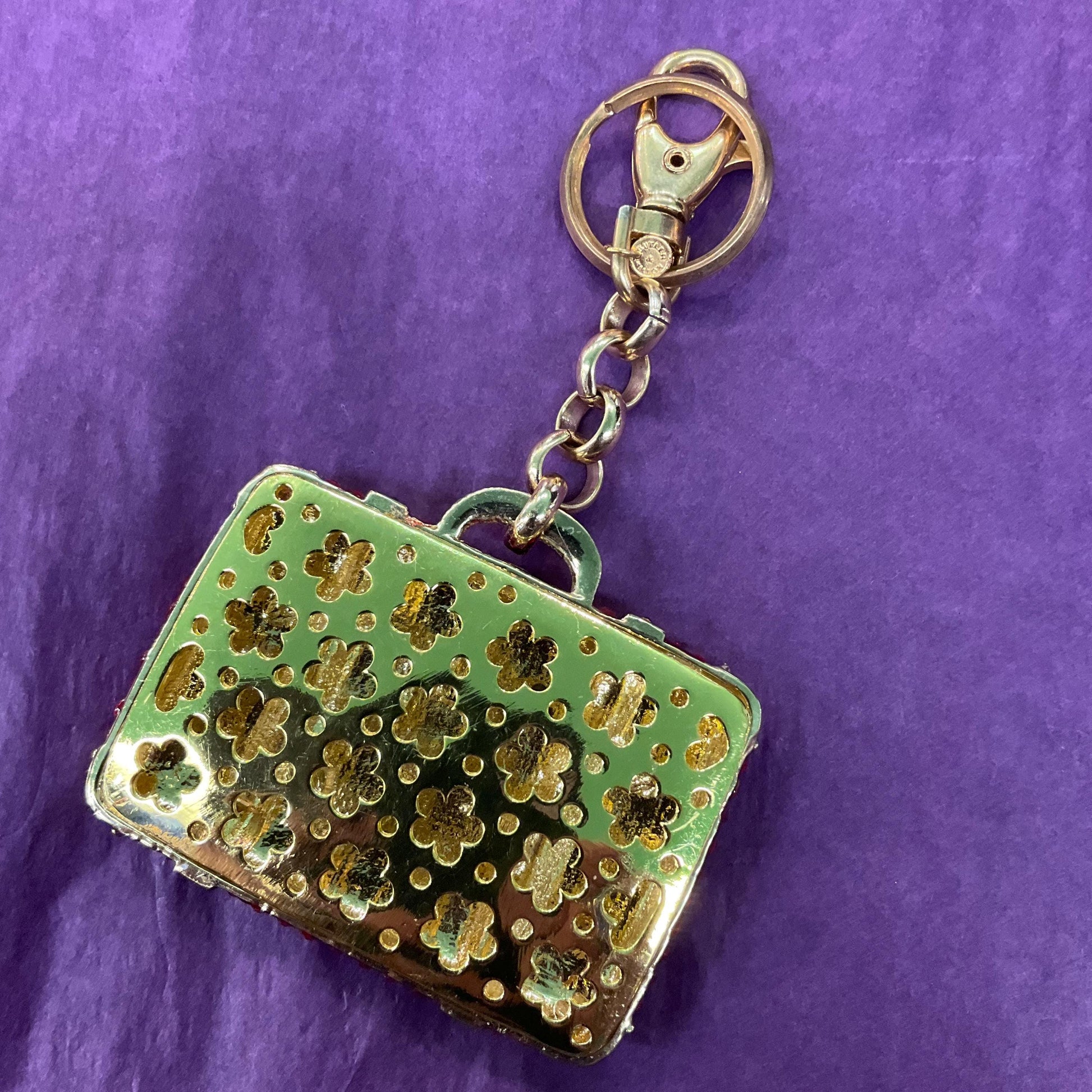 Vintage Butler and Wilson Large Crystal Suitcase Handbag Charm / Keyring, Gold Tone with red rhinestones