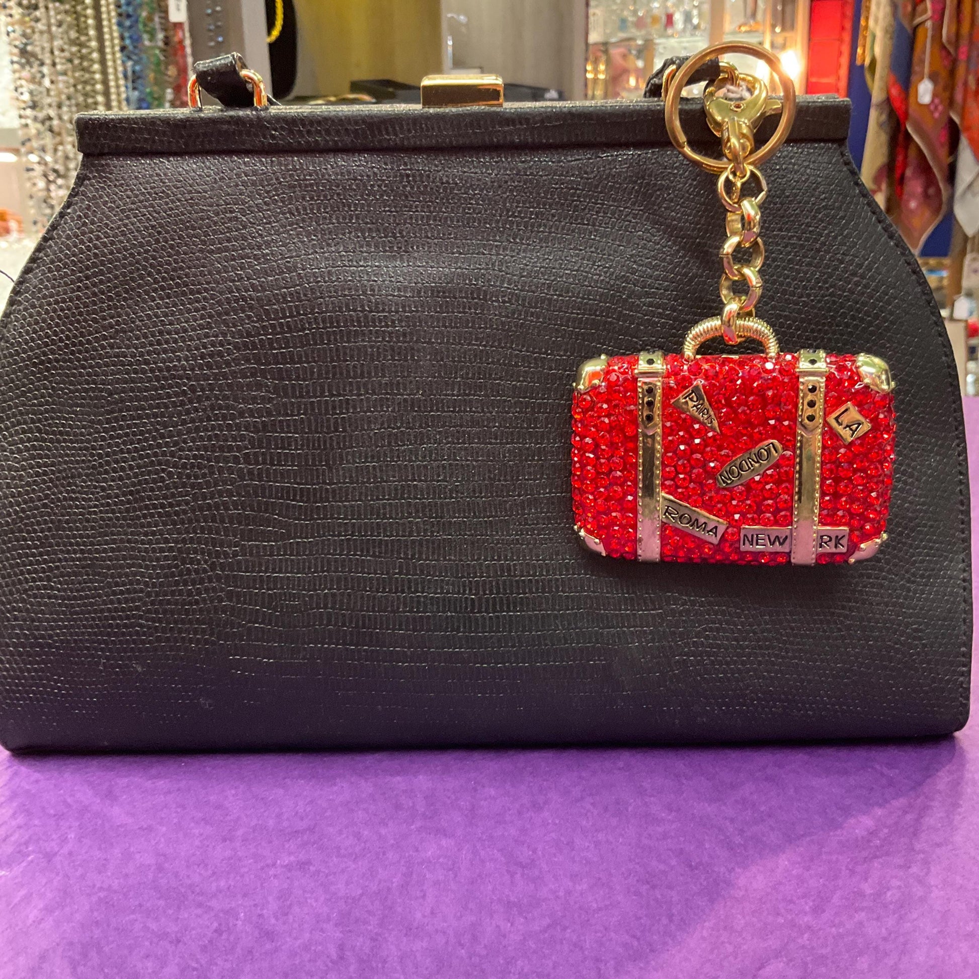 Vintage Butler and Wilson Large Crystal Suitcase Handbag Charm / Keyring, Gold Tone with red rhinestones