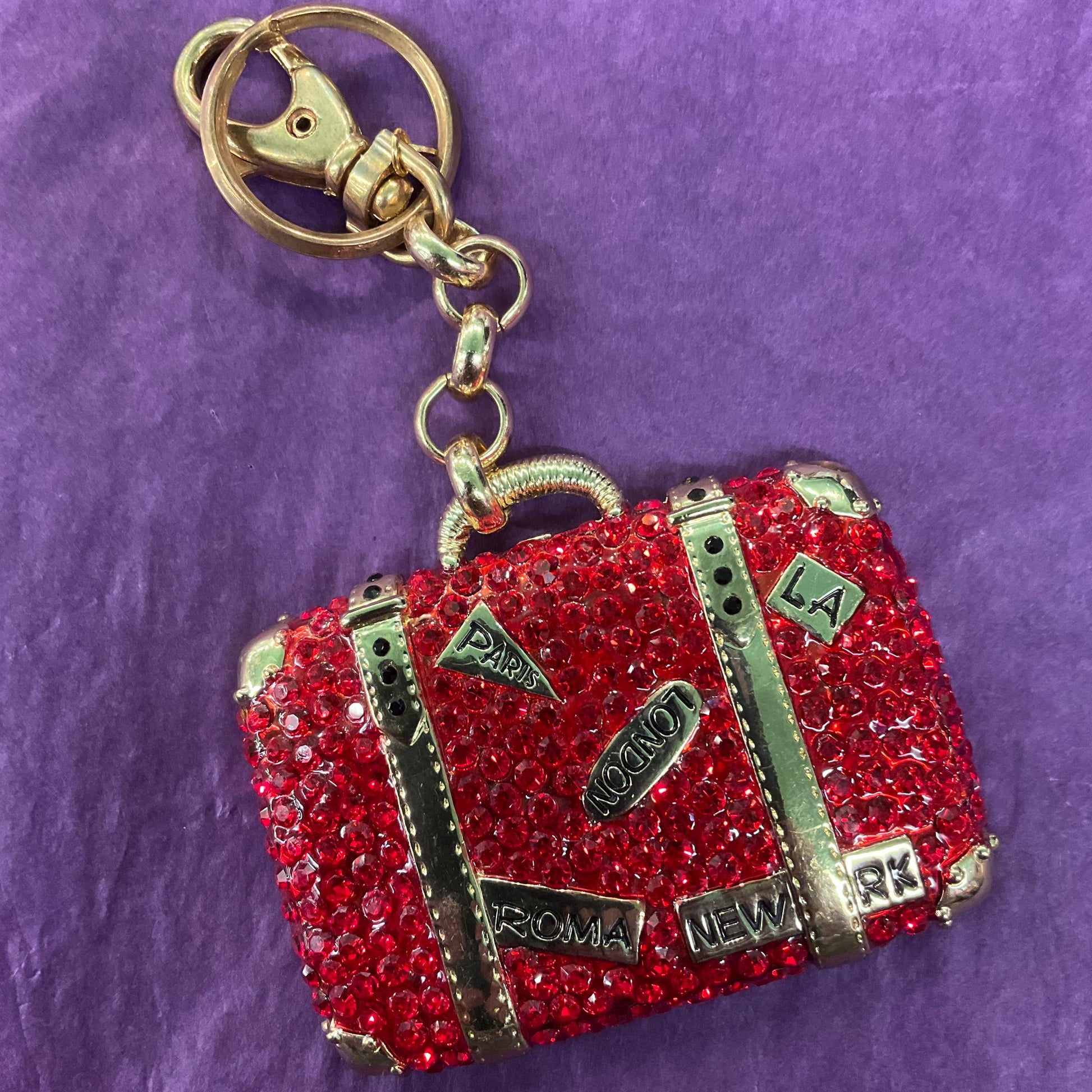 Vintage Butler and Wilson Large Crystal Suitcase Handbag Charm / Keyring, Gold Tone with red rhinestones