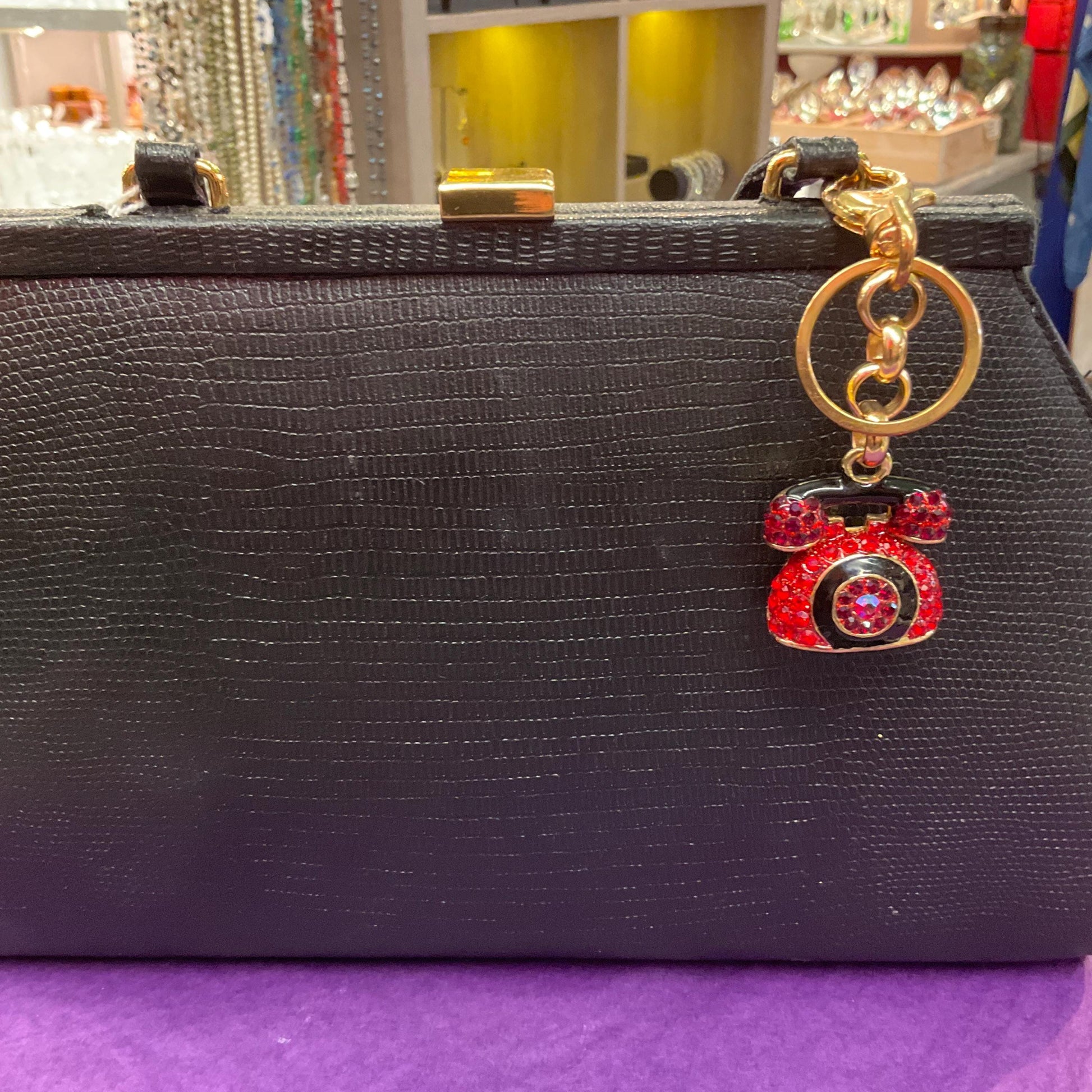 Vintage Butler and Wilson Crystal Telephone Handbag Charm/ Keyring, Gold tone with Red and black rhinestones
