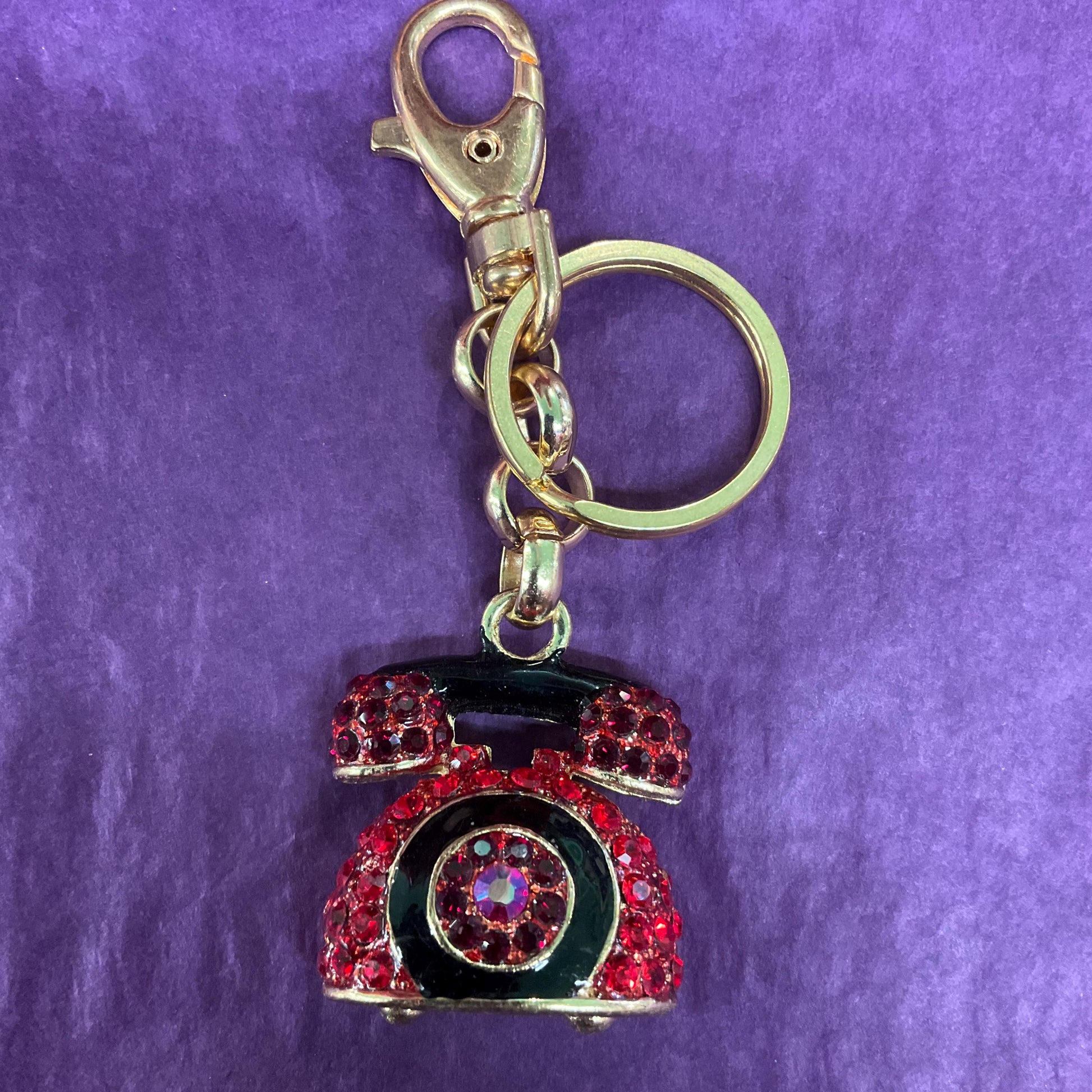 Vintage Butler and Wilson Crystal Telephone Handbag Charm/ Keyring, Gold tone with Red and black rhinestones