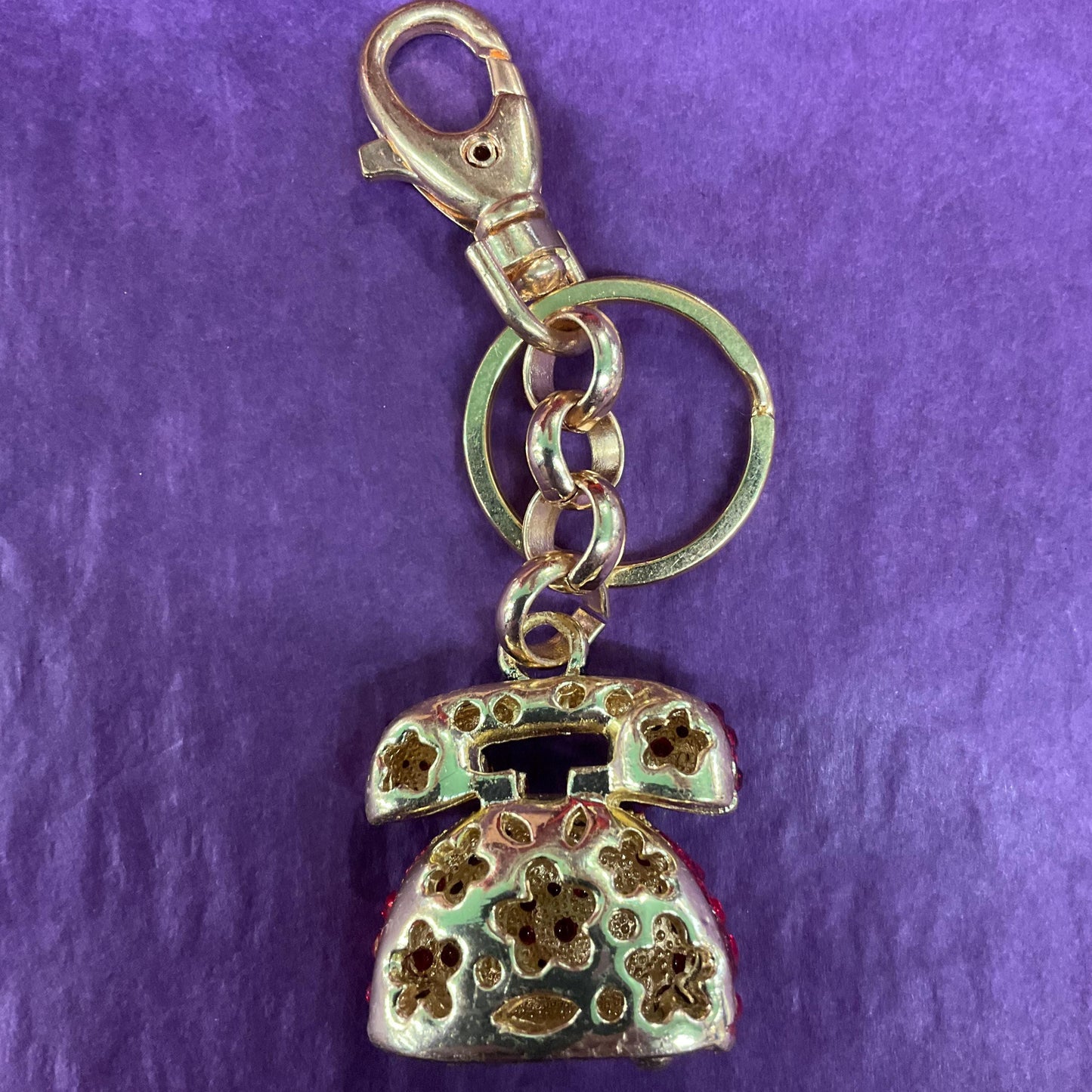 Vintage Butler and Wilson Crystal Telephone Handbag Charm/ Keyring, Gold tone with Red and black rhinestones