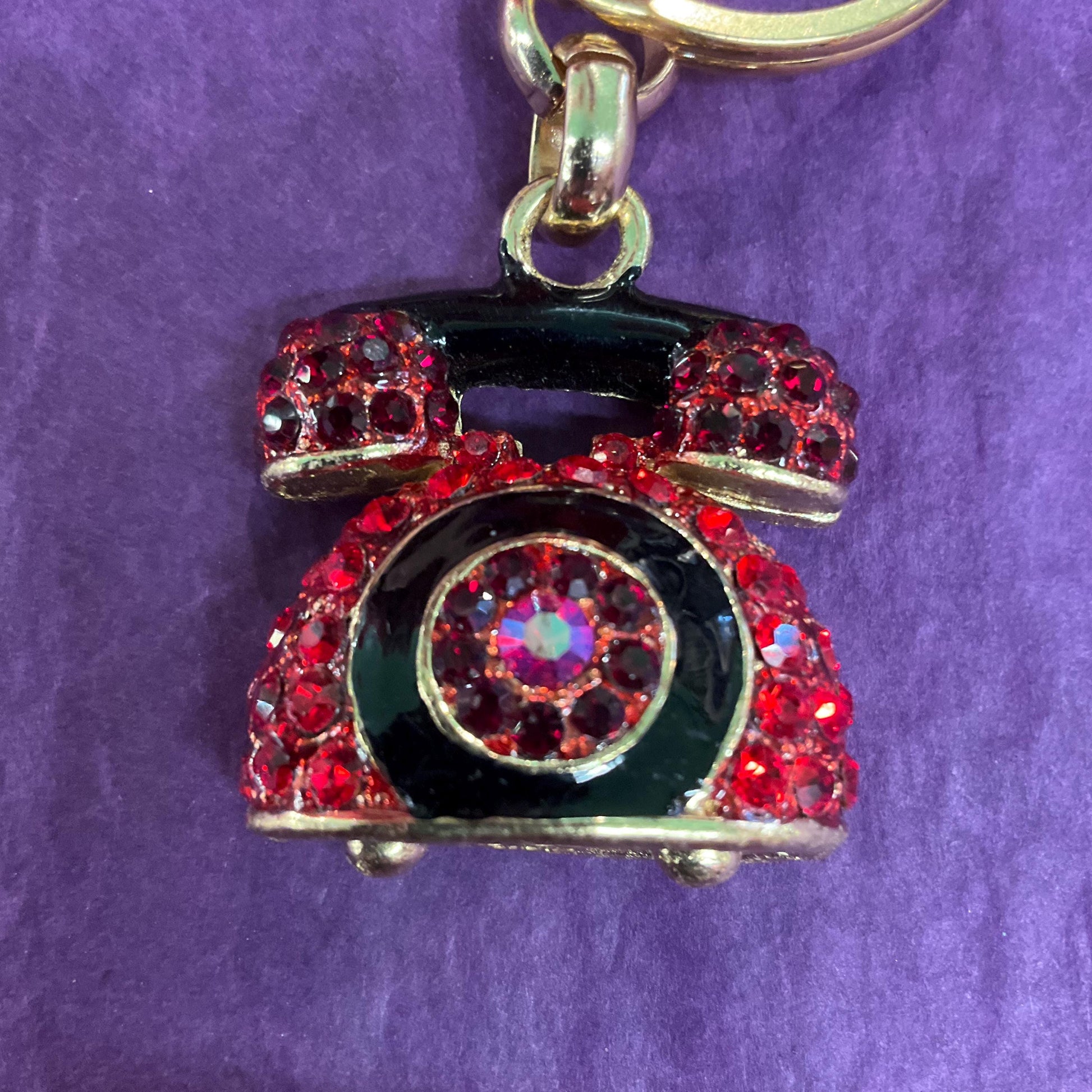 Vintage Butler and Wilson Crystal Telephone Handbag Charm/ Keyring, Gold tone with Red and black rhinestones