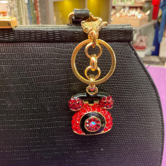 Vintage Butler and Wilson Crystal Telephone Handbag Charm/ Keyring, Gold tone with Red and black rhinestones