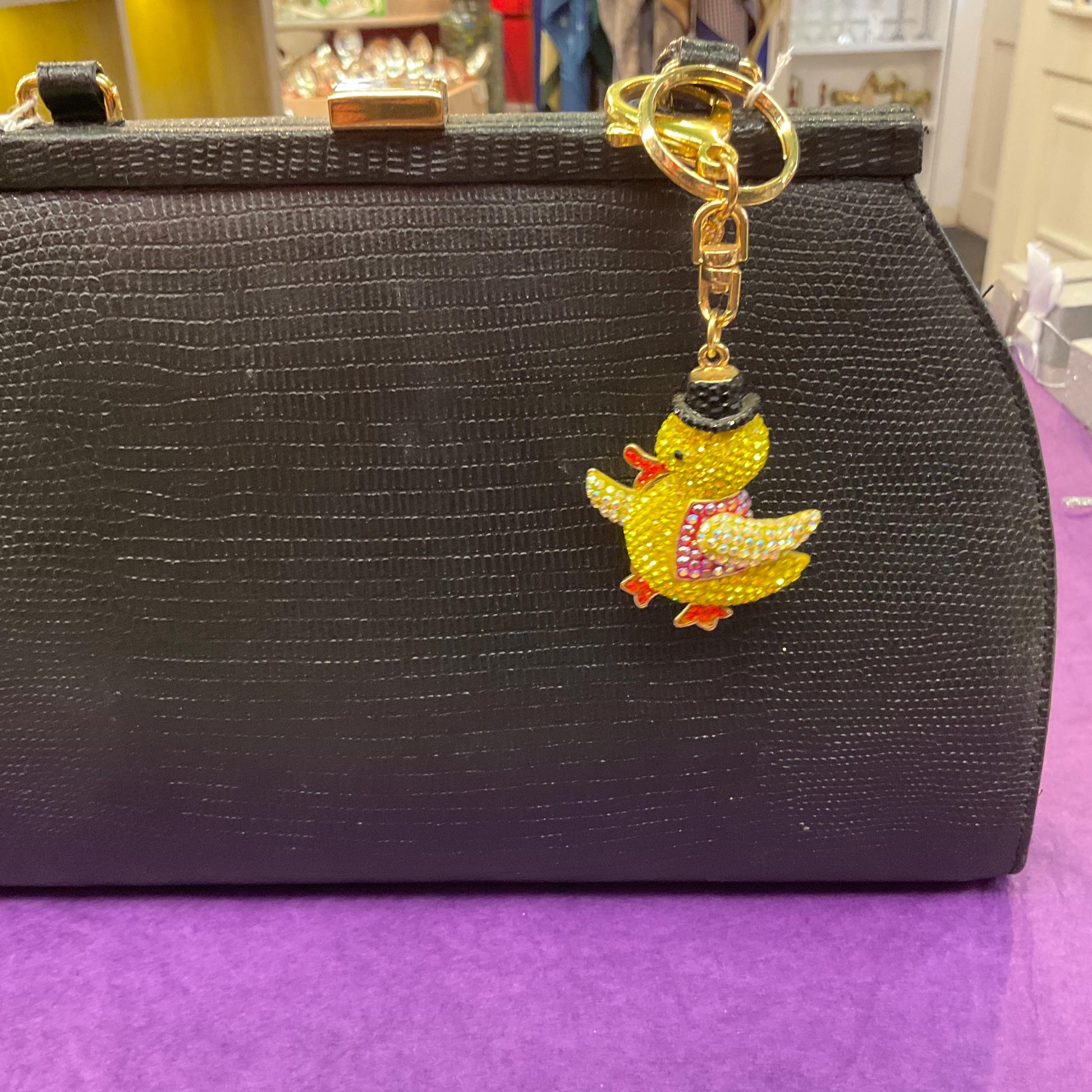 Vintage Butler and Wilson Crystal Dapper Duckling Handbafg charm/ Keyring, Gold tone with multicoloured rhinestones