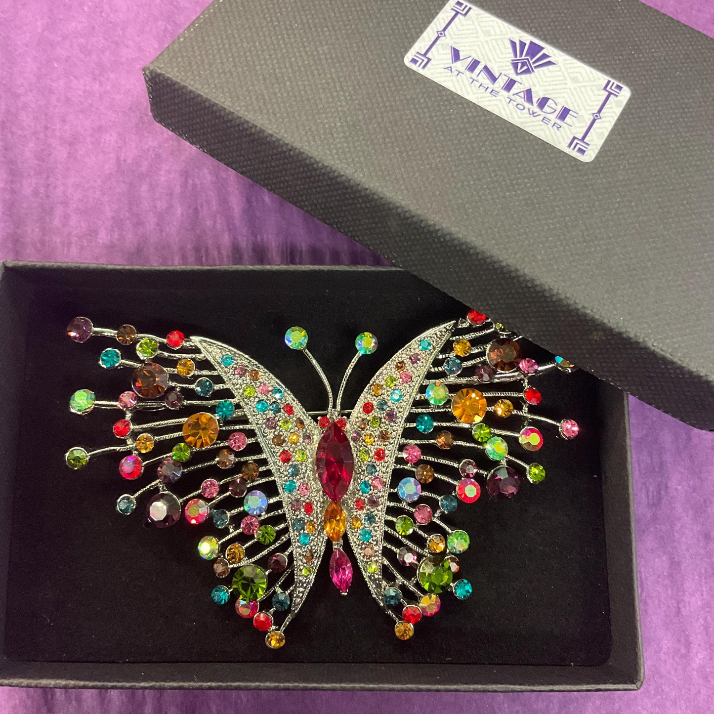Vintage Butler and Wilson Large Rainbow rhinestone Butterfly Crystal Brooch