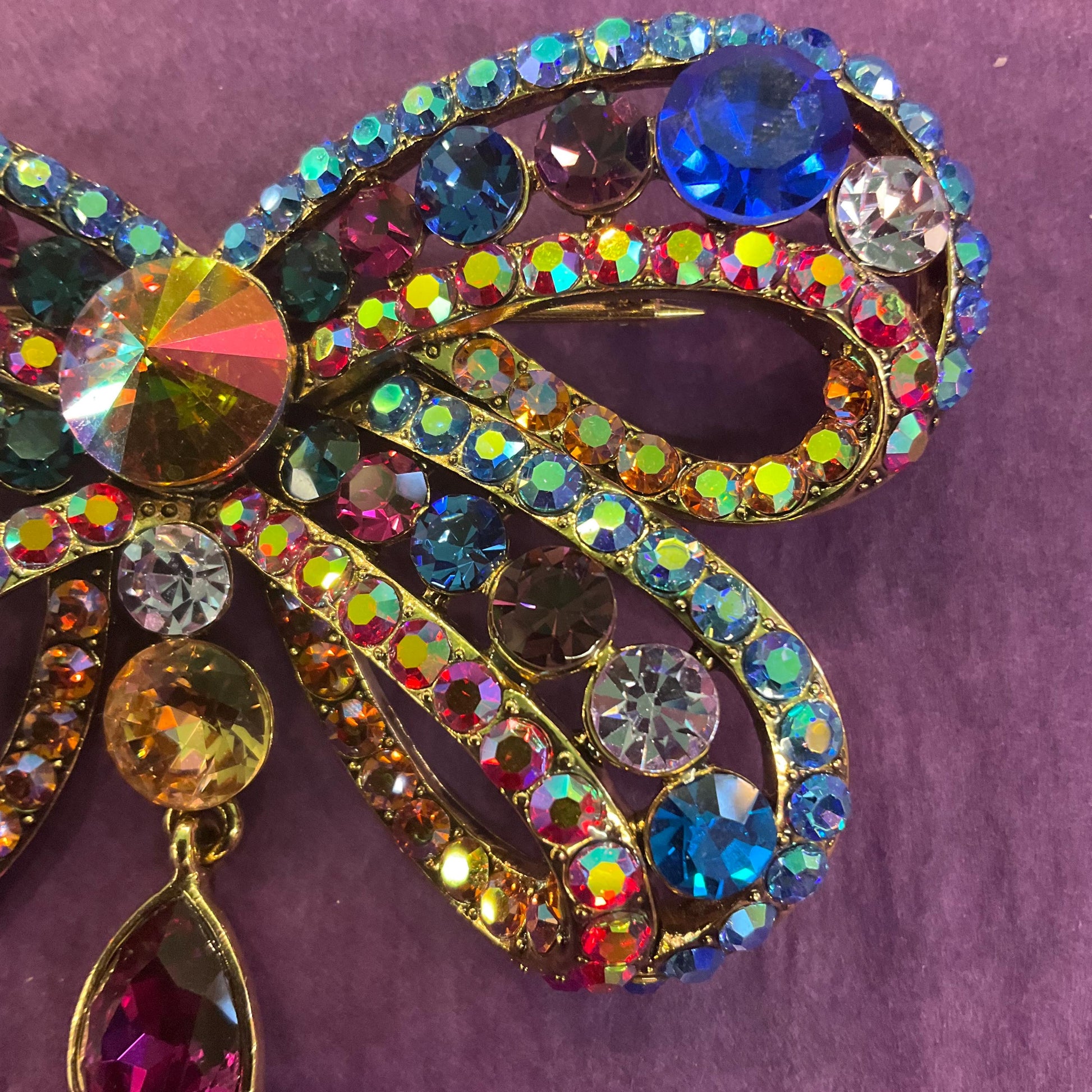 Vintage Butler and Wilson Statement Rainbow Crystal Bow Brooch, Gold tone with multicoloured crystals and Borealis rhinestones