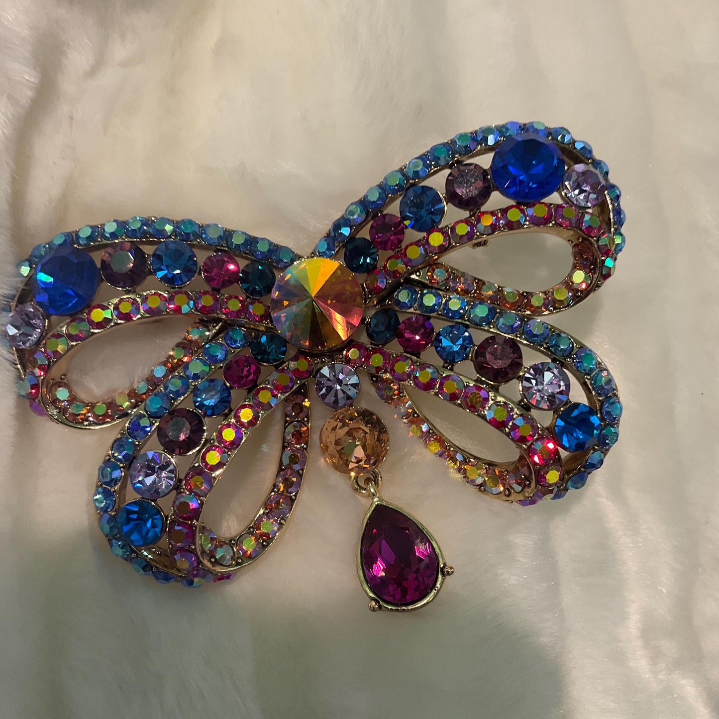 Vintage Butler and Wilson Statement Rainbow Crystal Bow Brooch, Gold tone with multicoloured crystals and Borealis rhinestones
