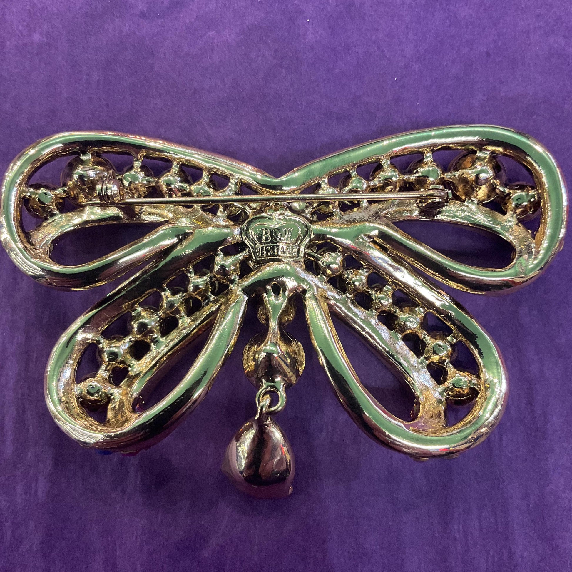 Vintage Butler and Wilson Statement Rainbow Crystal Bow Brooch, Gold tone with multicoloured crystals and Borealis rhinestones