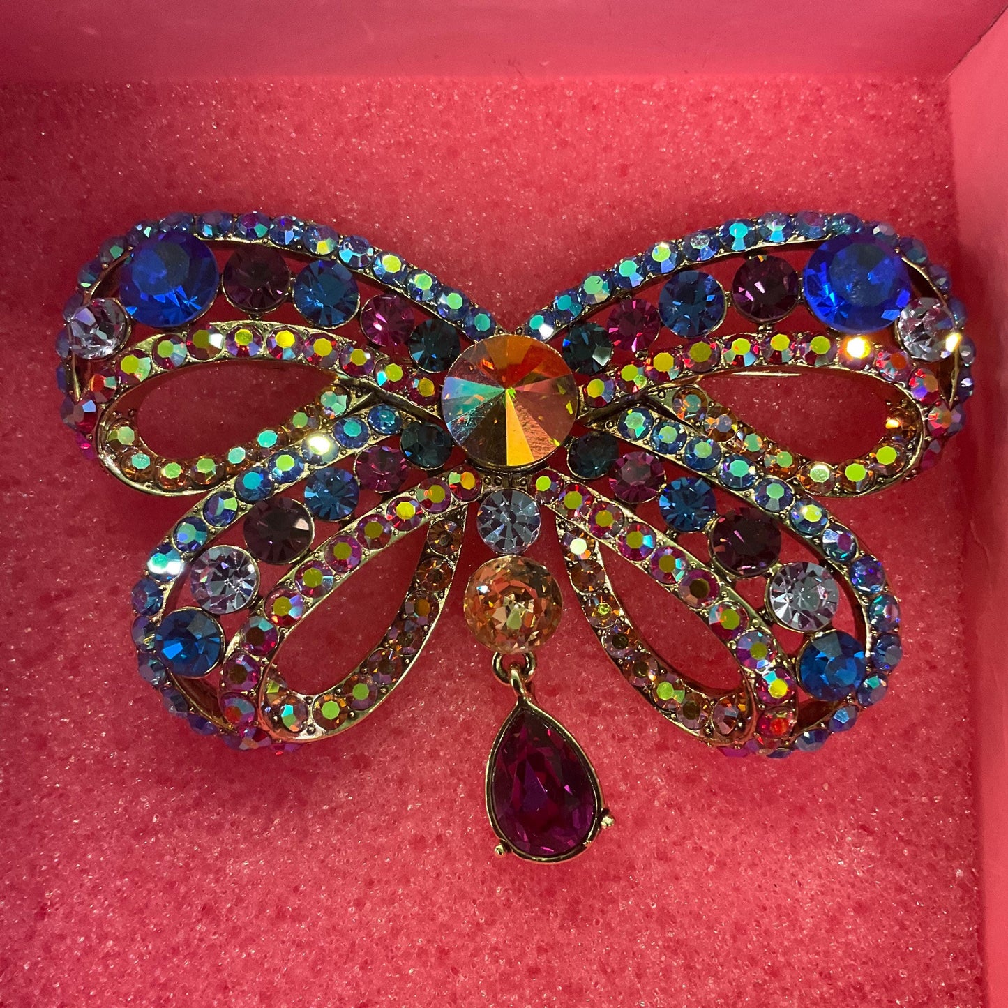 Vintage Butler and Wilson Statement Rainbow Crystal Bow Brooch, Gold tone with multicoloured crystals and Borealis rhinestones