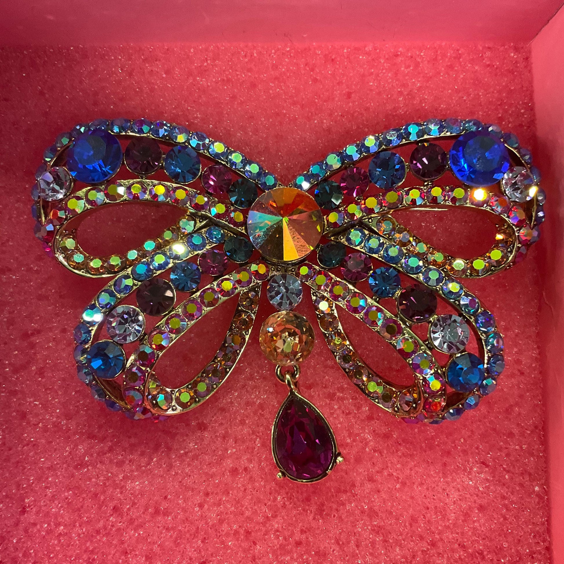 Vintage Butler and Wilson Statement Rainbow Crystal Bow Brooch, Gold tone with multicoloured crystals and Borealis rhinestones