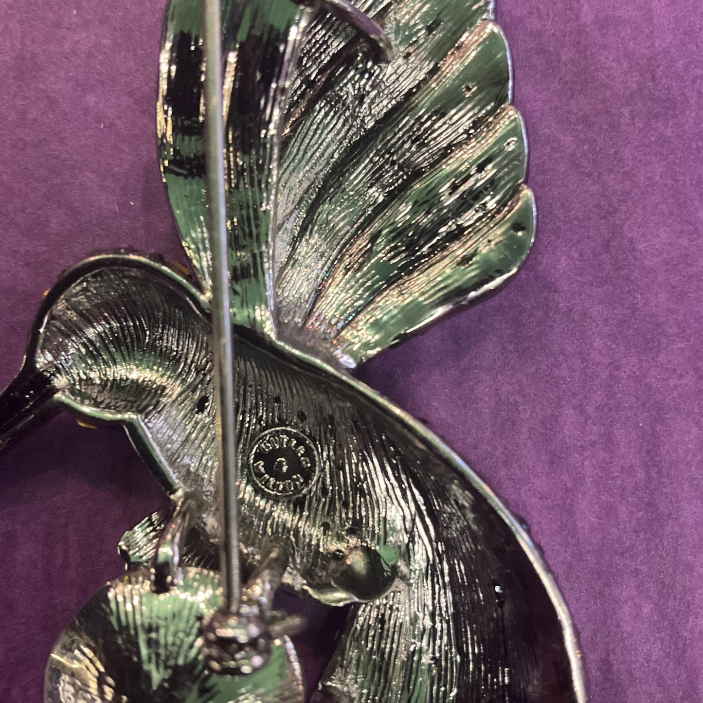 Vintage Butler and Wilson Large Hummingbird Crystal Brooch, Dark Pewter tone with ombré black and silver rhinestones