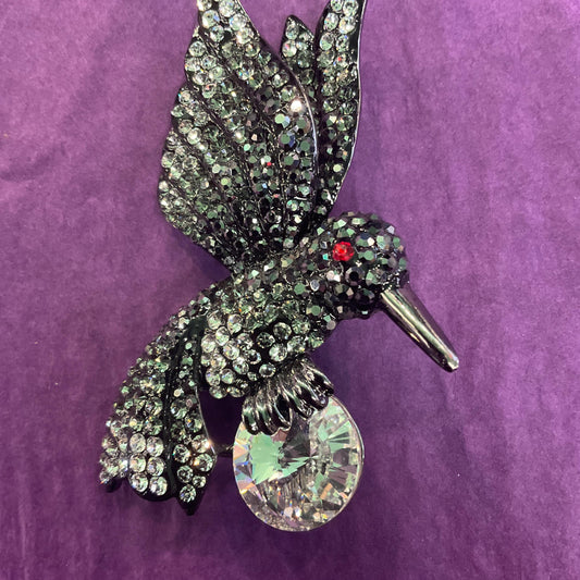 Vintage Butler and Wilson Large Hummingbird Crystal Brooch, Dark Pewter tone with ombré black and silver rhinestones