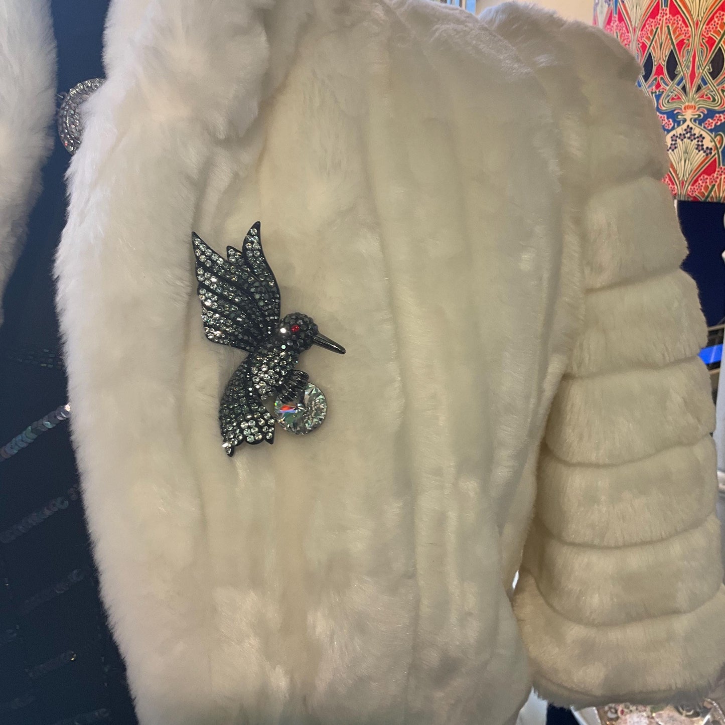 Vintage Butler and Wilson Large Hummingbird Crystal Brooch, Dark Pewter tone with ombré black and silver rhinestones