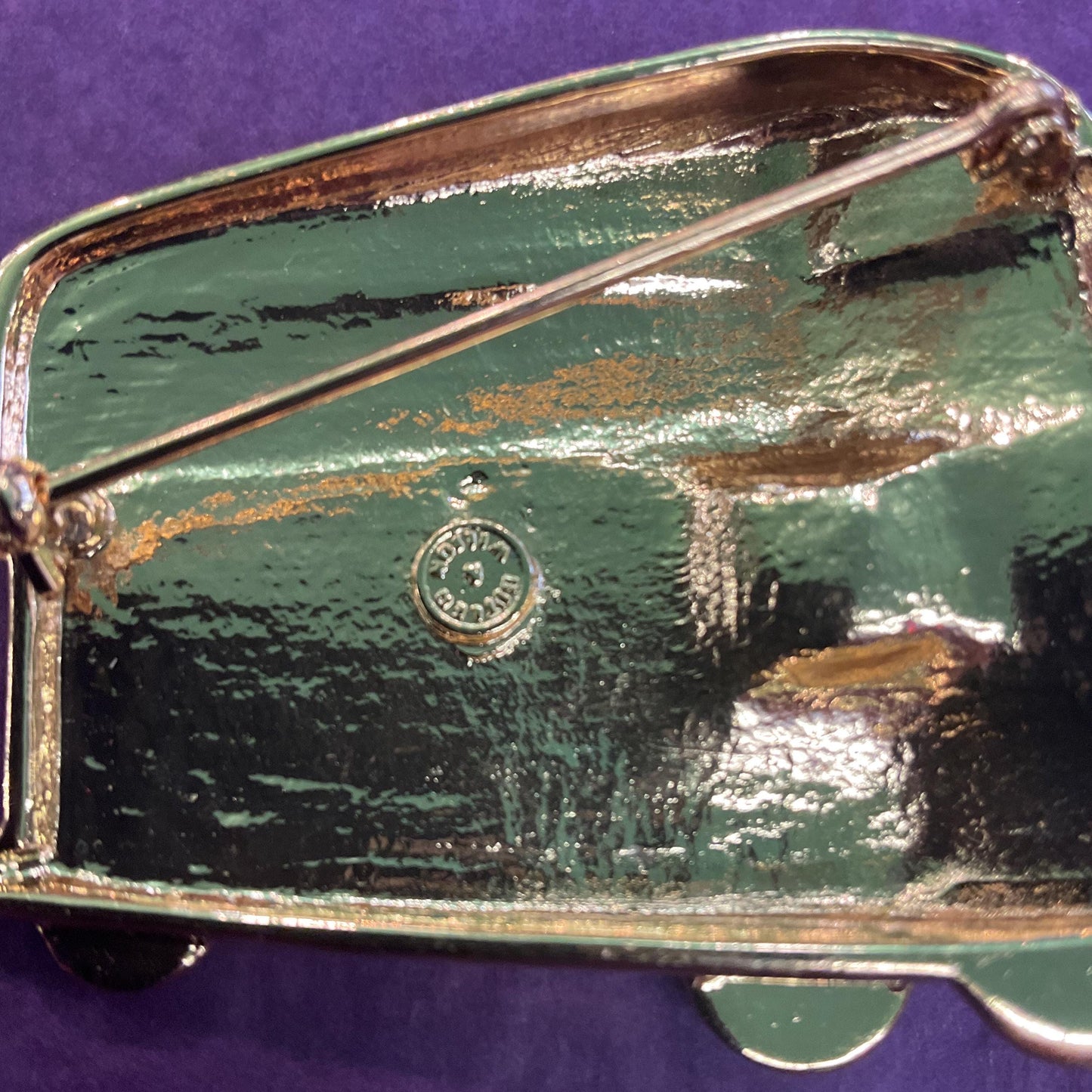 Vintage Butler and Wilson Large Union Jack London Bus Brooch, Gold Tone with Red and Black Enamel and rhinestone crystals