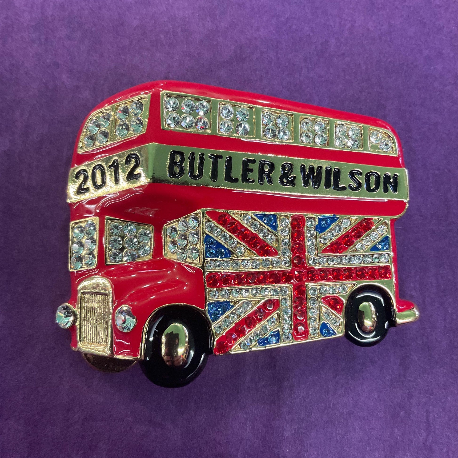 Vintage Butler and Wilson Large Union Jack London Bus Brooch, Gold Tone with Red and Black Enamel and rhinestone crystals