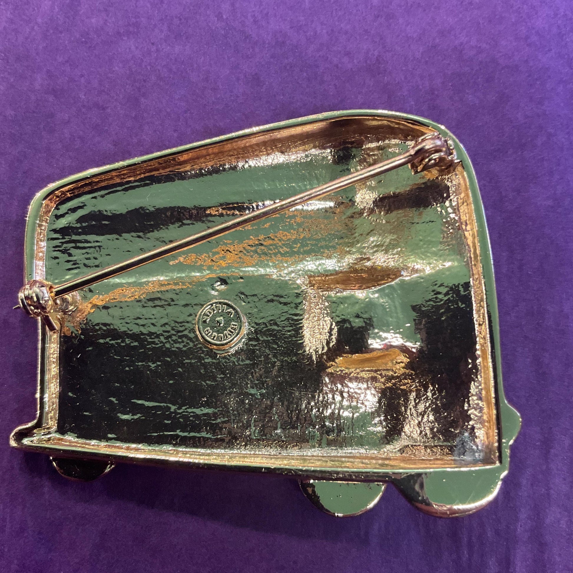 Vintage Butler and Wilson Large Union Jack London Bus Brooch, Gold Tone with Red and Black Enamel and rhinestone crystals