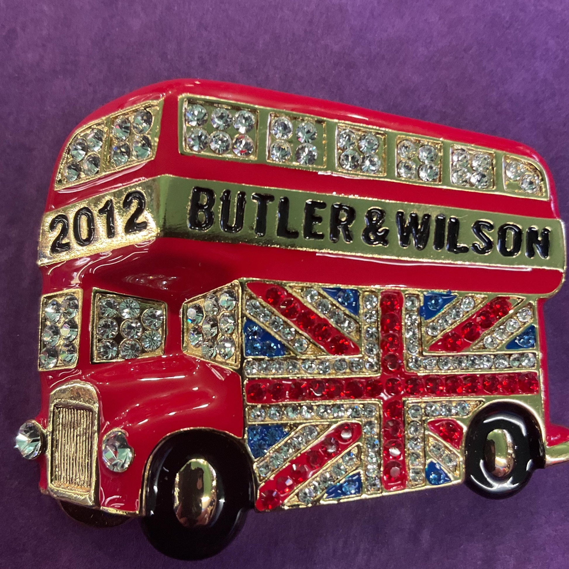 Vintage Butler and Wilson Large Union Jack London Bus Brooch, Gold Tone with Red and Black Enamel and rhinestone crystals