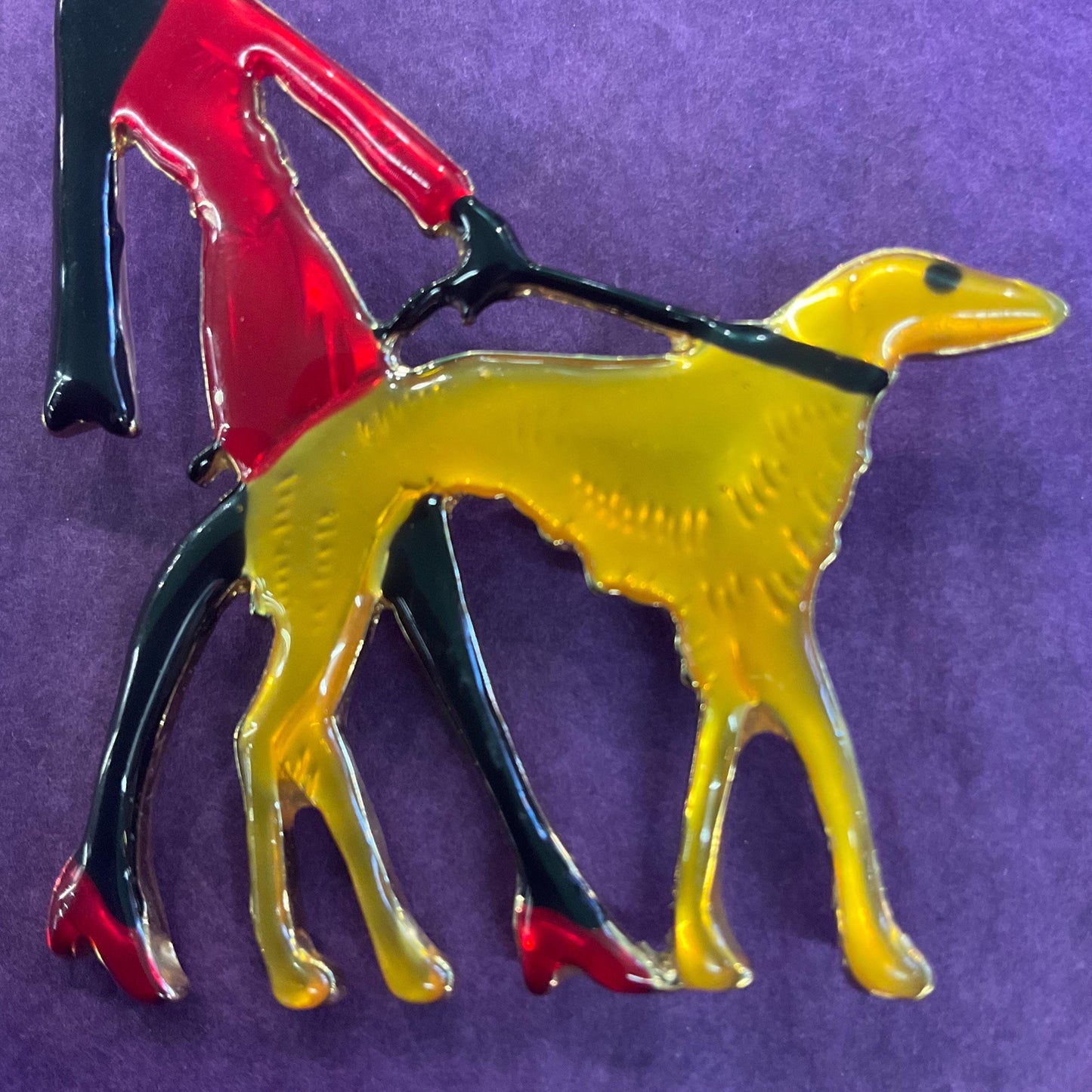 Vintage Butler and Wilson Large Art Deco Lady with Hoind Brooch, gold tone with colored lustre resin