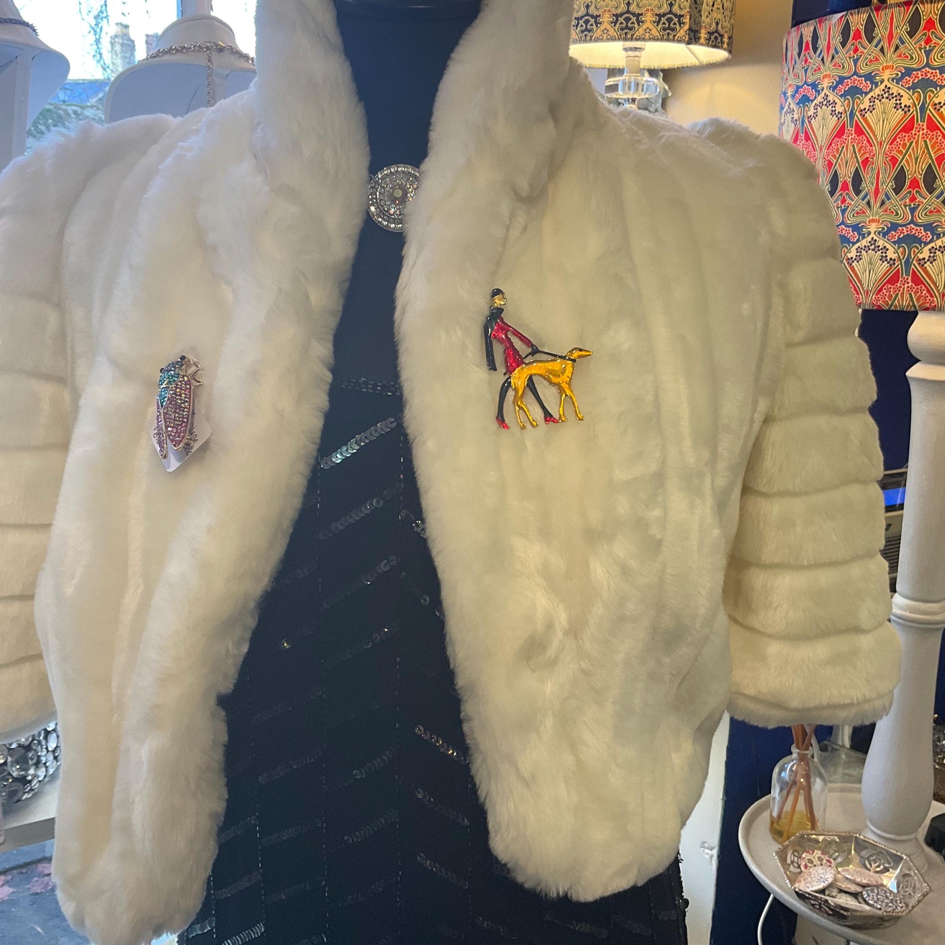 Vintage Butler and Wilson Large Art Deco Lady with Hoind Brooch, gold tone with colored lustre resin