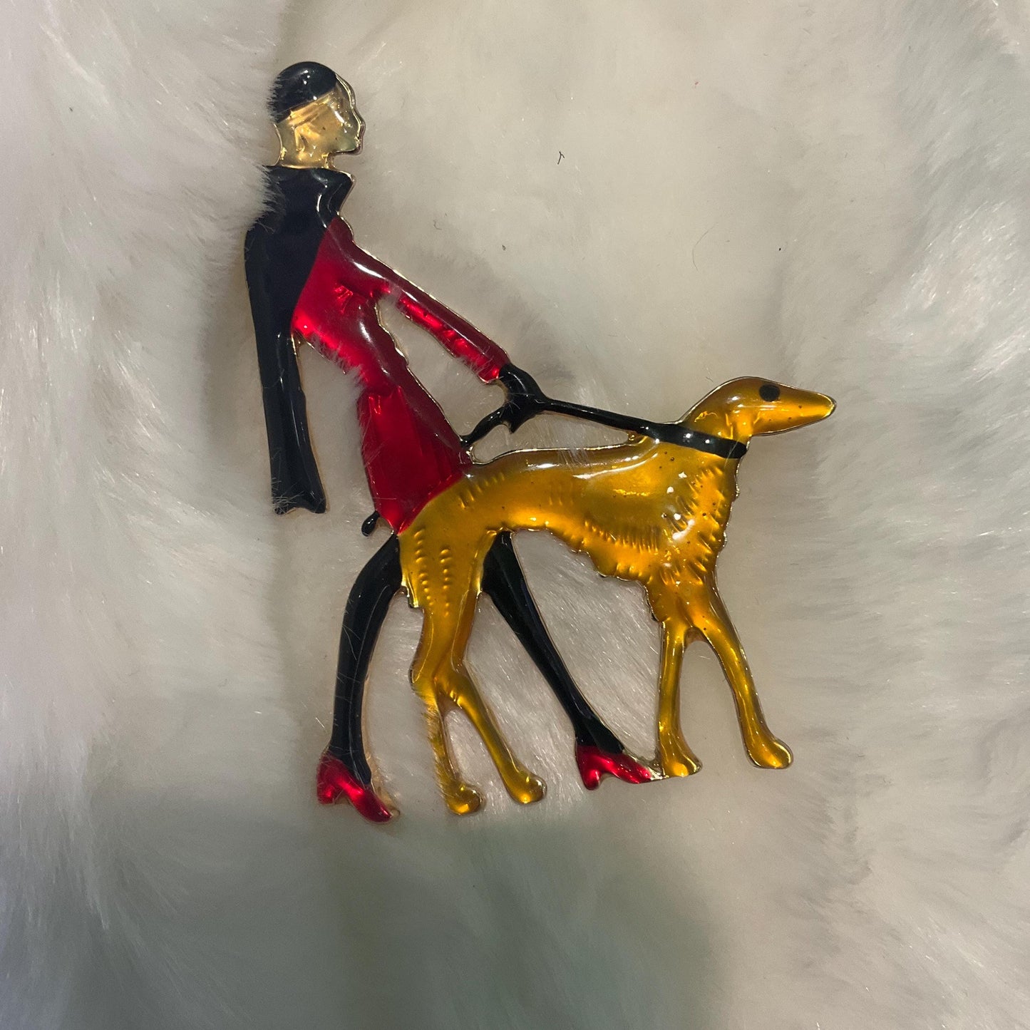 Vintage Butler and Wilson Large Art Deco Lady with Hoind Brooch, gold tone with colored lustre resin