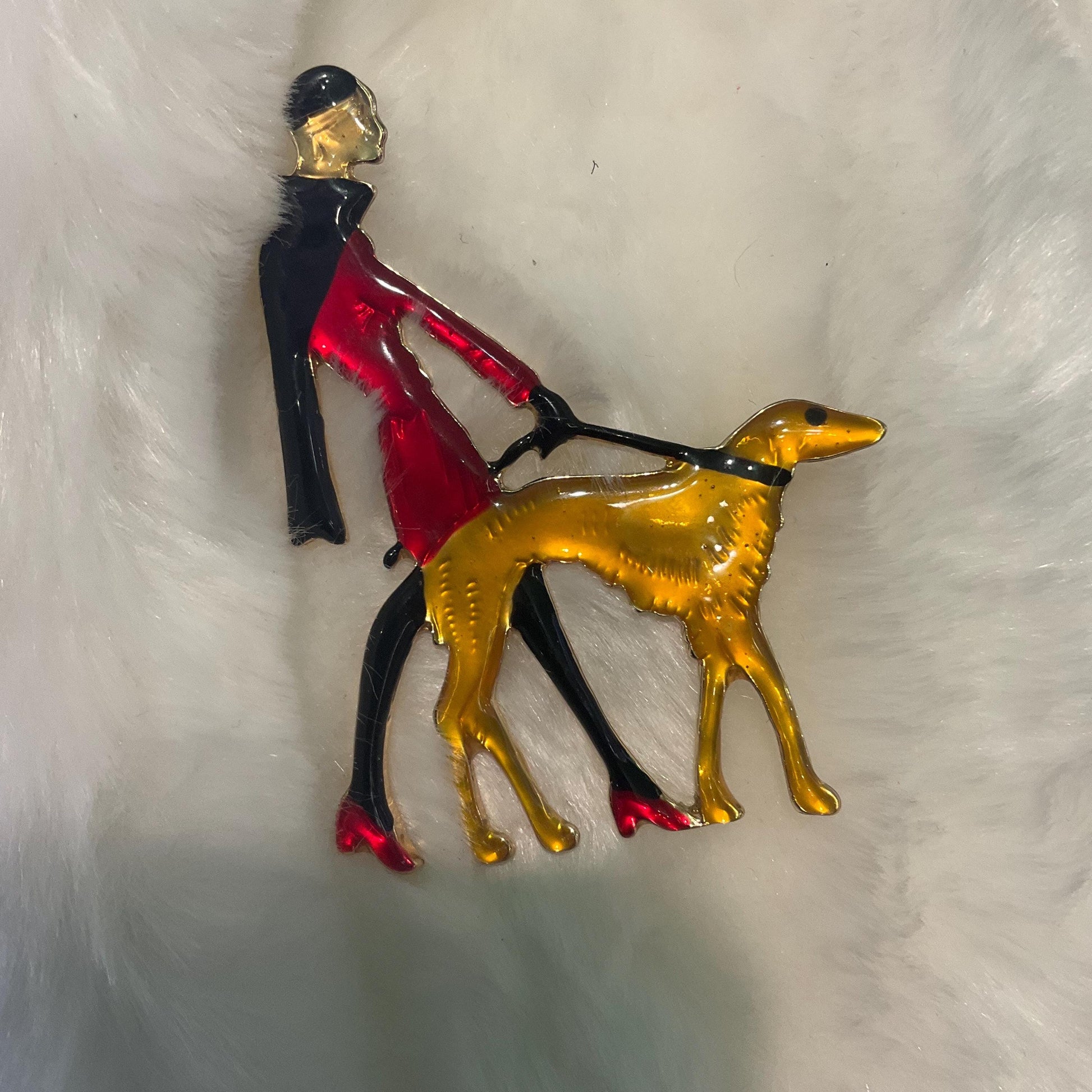 Vintage Butler and Wilson Large Art Deco Lady with Hoind Brooch, gold tone with colored lustre resin