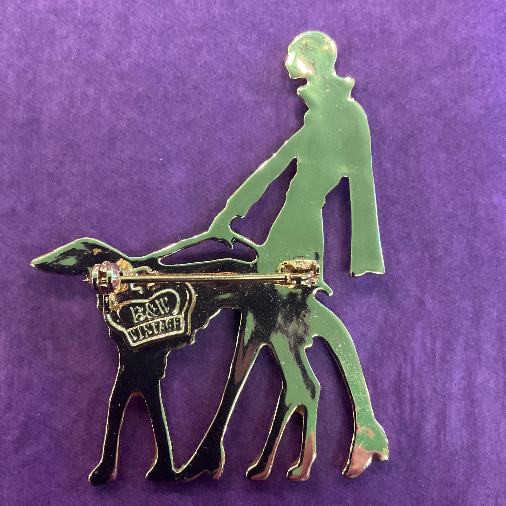 Vintage Butler and Wilson Large Art Deco Lady with Hoind Brooch, gold tone with colored lustre resin