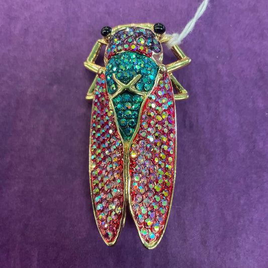 Vintage Butler and Wilson Rainbow Crystal Cicada Brooch, gold tone with multicoloured Borealis rhinestones