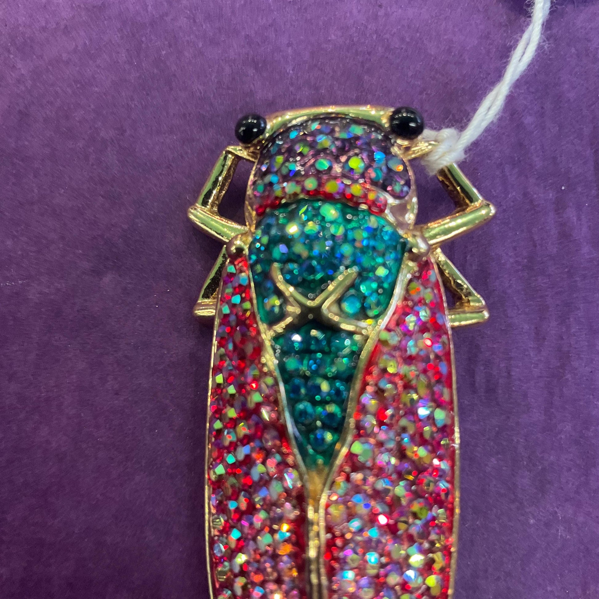 Vintage Butler and Wilson Rainbow Crystal Cicada Brooch, gold tone with multicoloured Borealis rhinestones