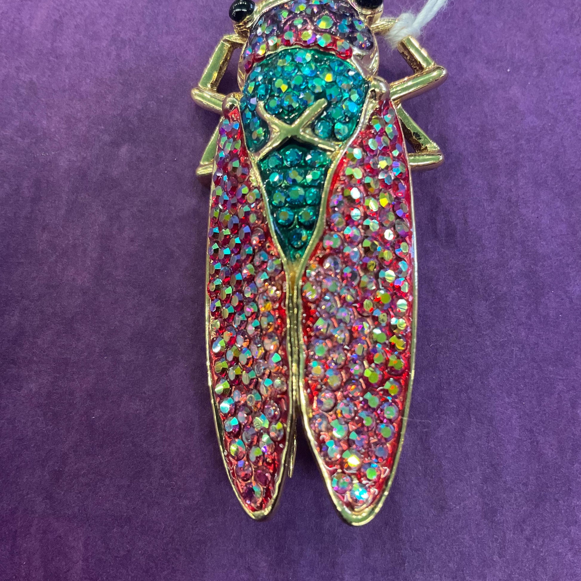 Vintage Butler and Wilson Rainbow Crystal Cicada Brooch, gold tone with multicoloured Borealis rhinestones