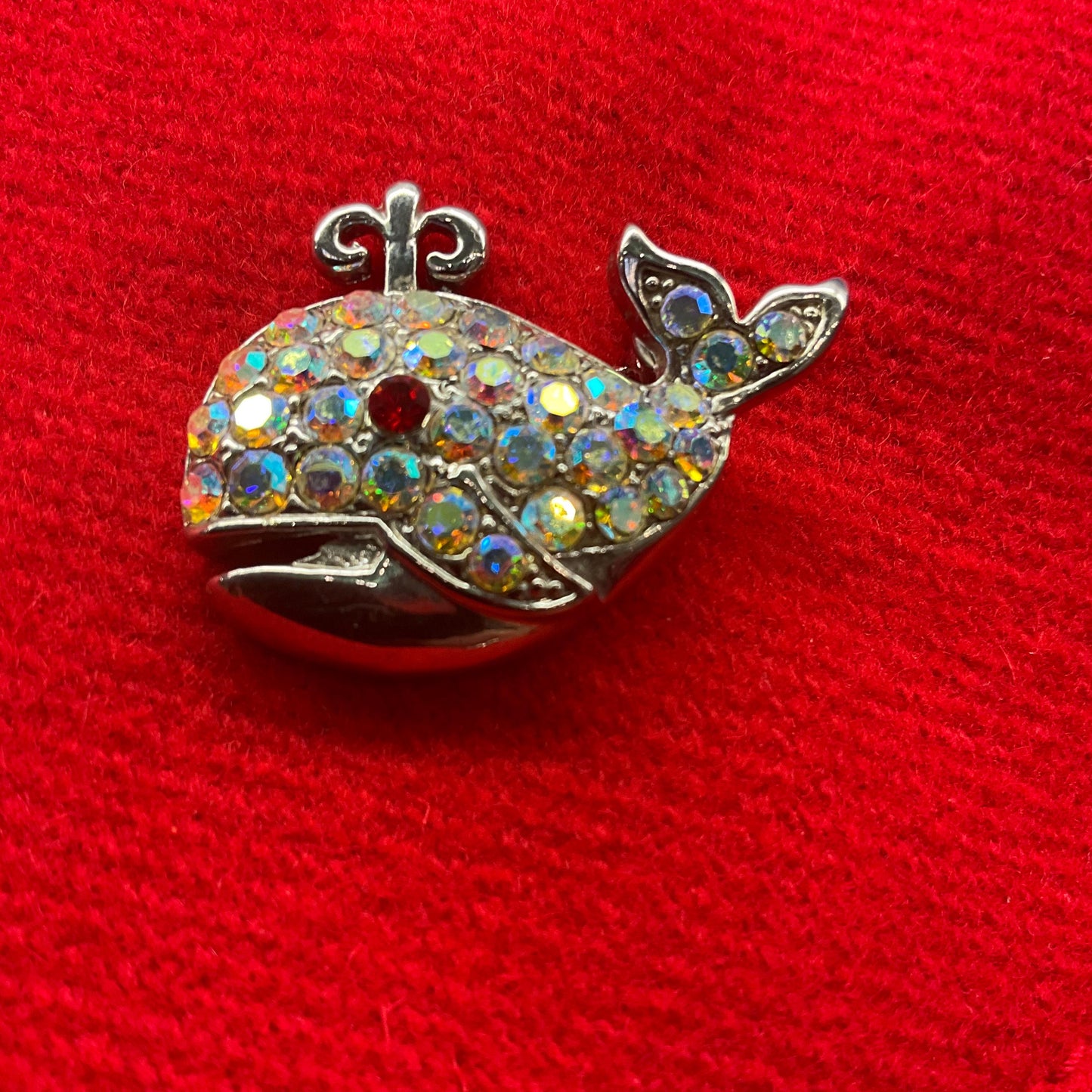Vintage Butler and Wilson Small Crystal Whale Brooch, Silver tone with Aurora Borealis Rhinestones
