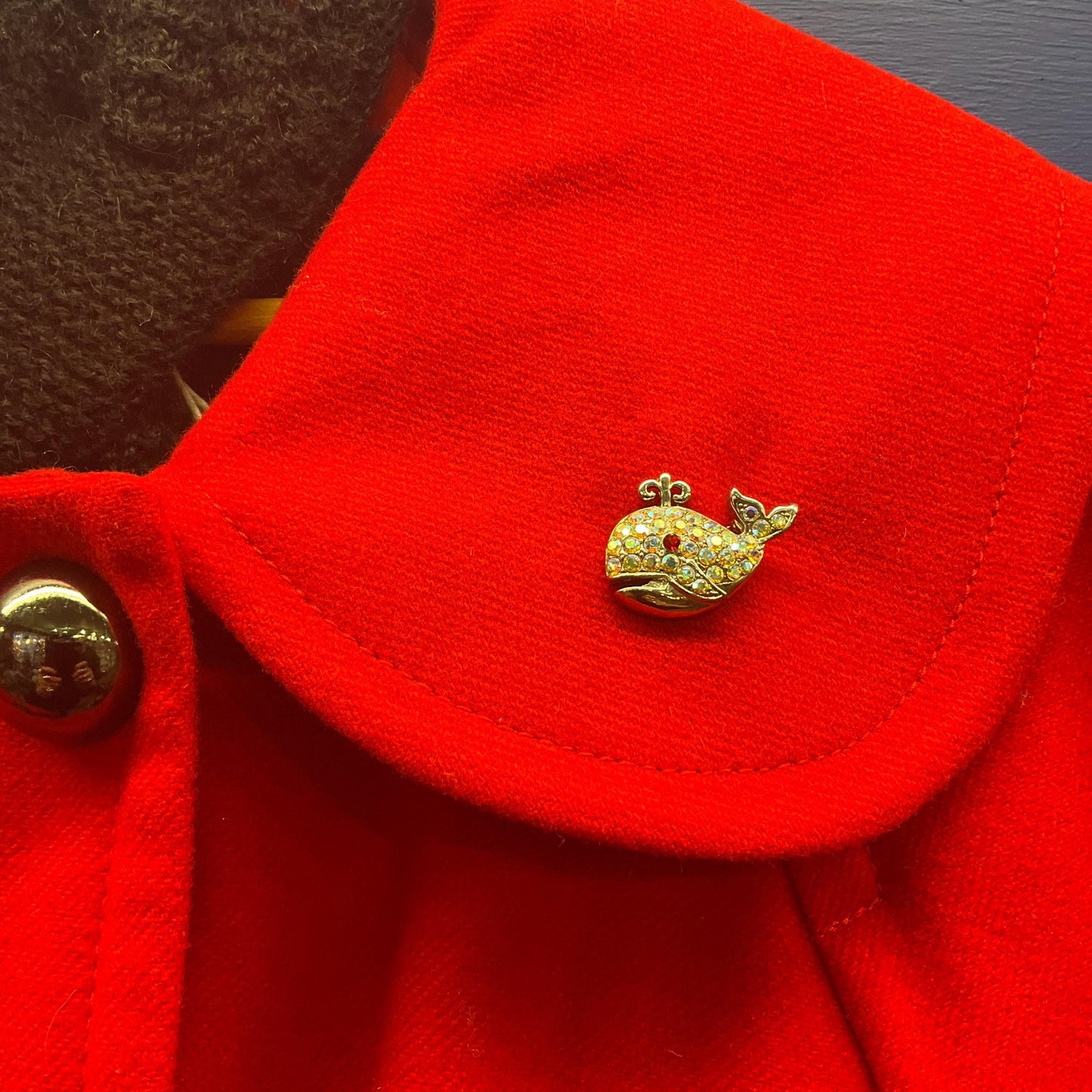 Vintage Butler and Wilson Small Crystal Whale Brooch, Silver tone with Aurora Borealis Rhinestones