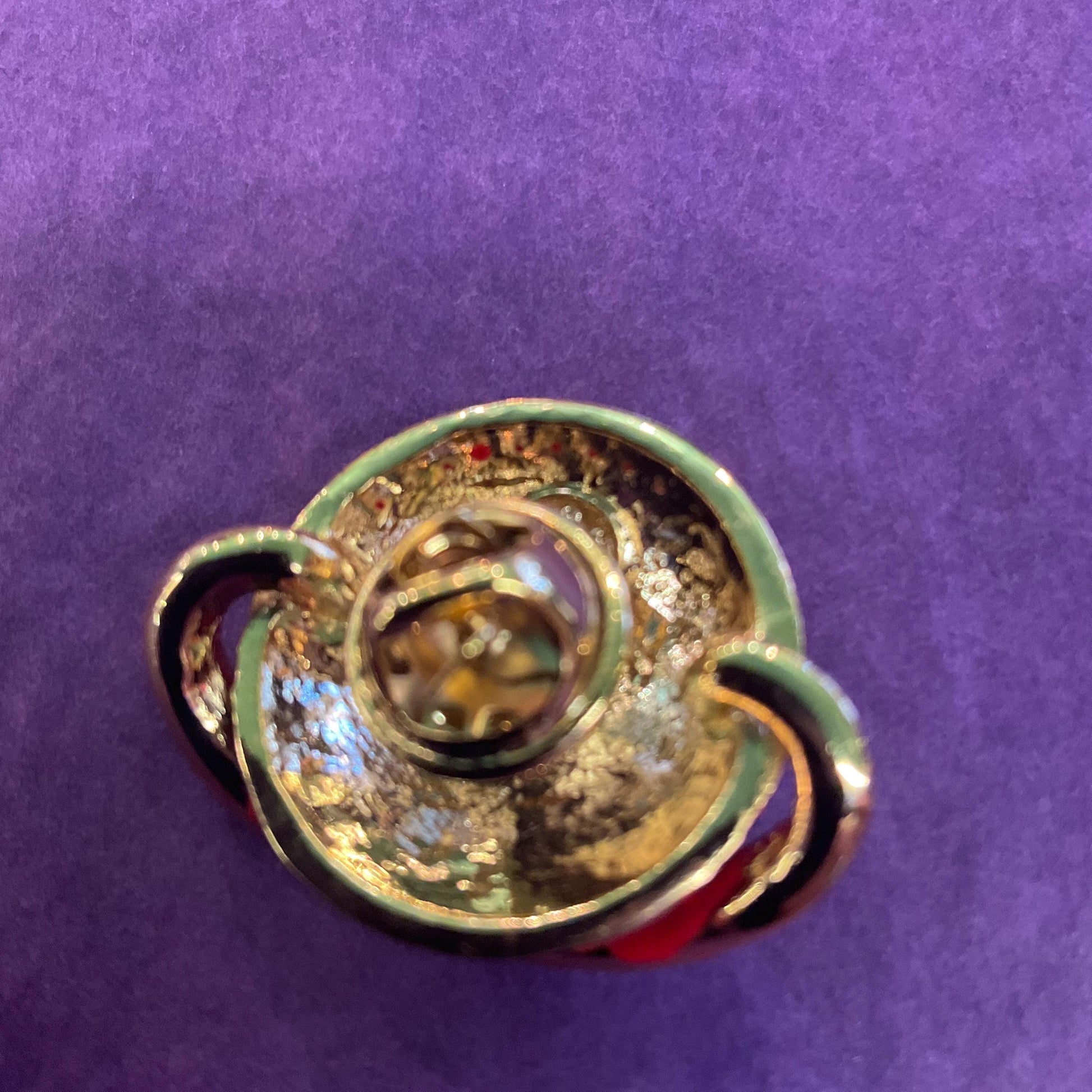 Vintage Butler and Wilson Celestial Planet Crystal Lapel Pin, Gold tone with red and Borealis rhinestones