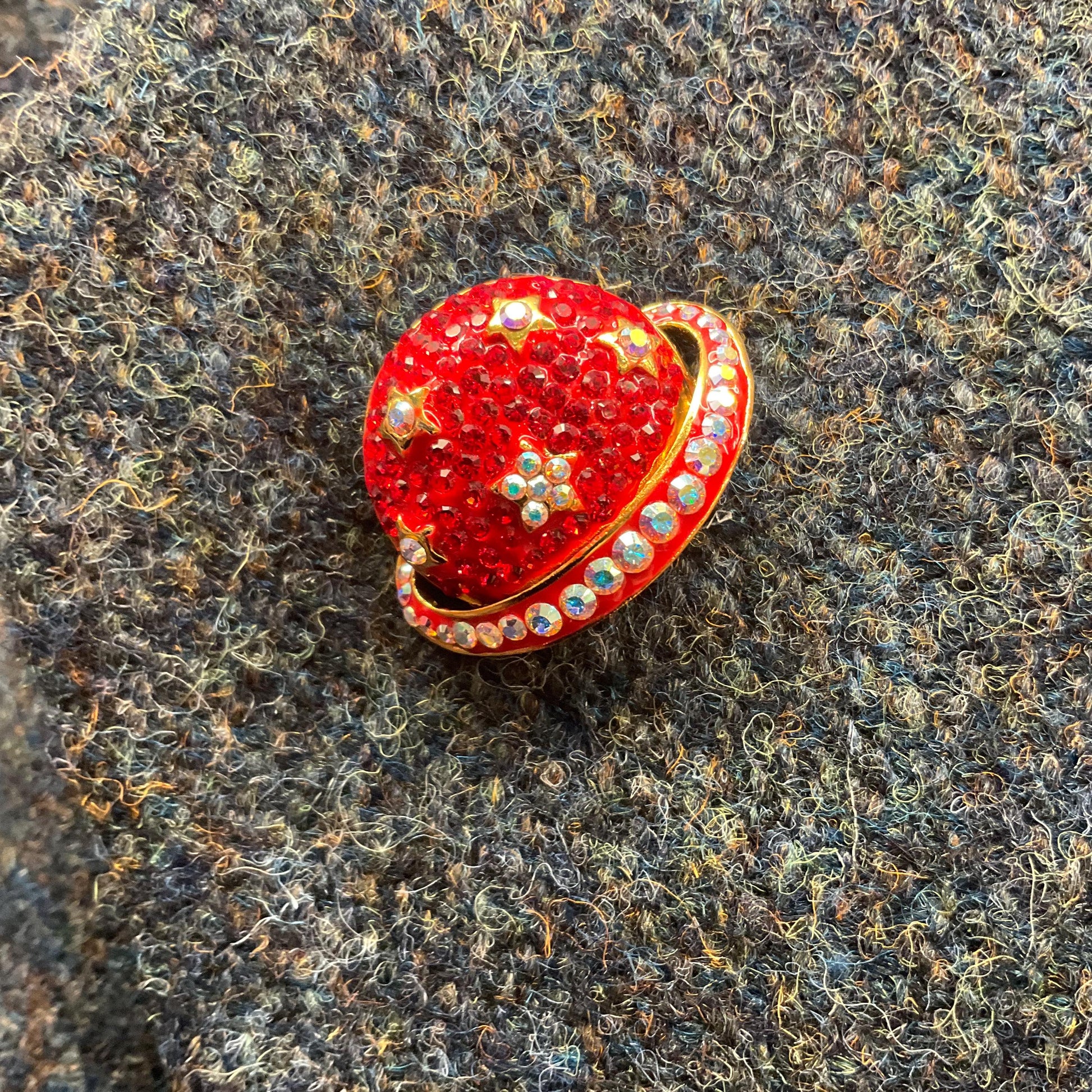 Vintage Butler and Wilson Celestial Planet Crystal Lapel Pin, Gold tone with red and Borealis rhinestones