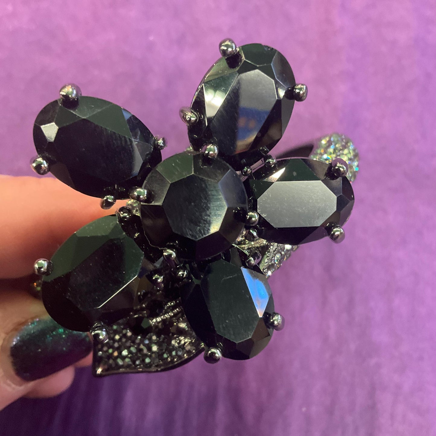 Vintage Butler and Wilson Statement Black Crystal Flower Bangle, Dark pewter tone with faceted crystals and pewter rhinestones