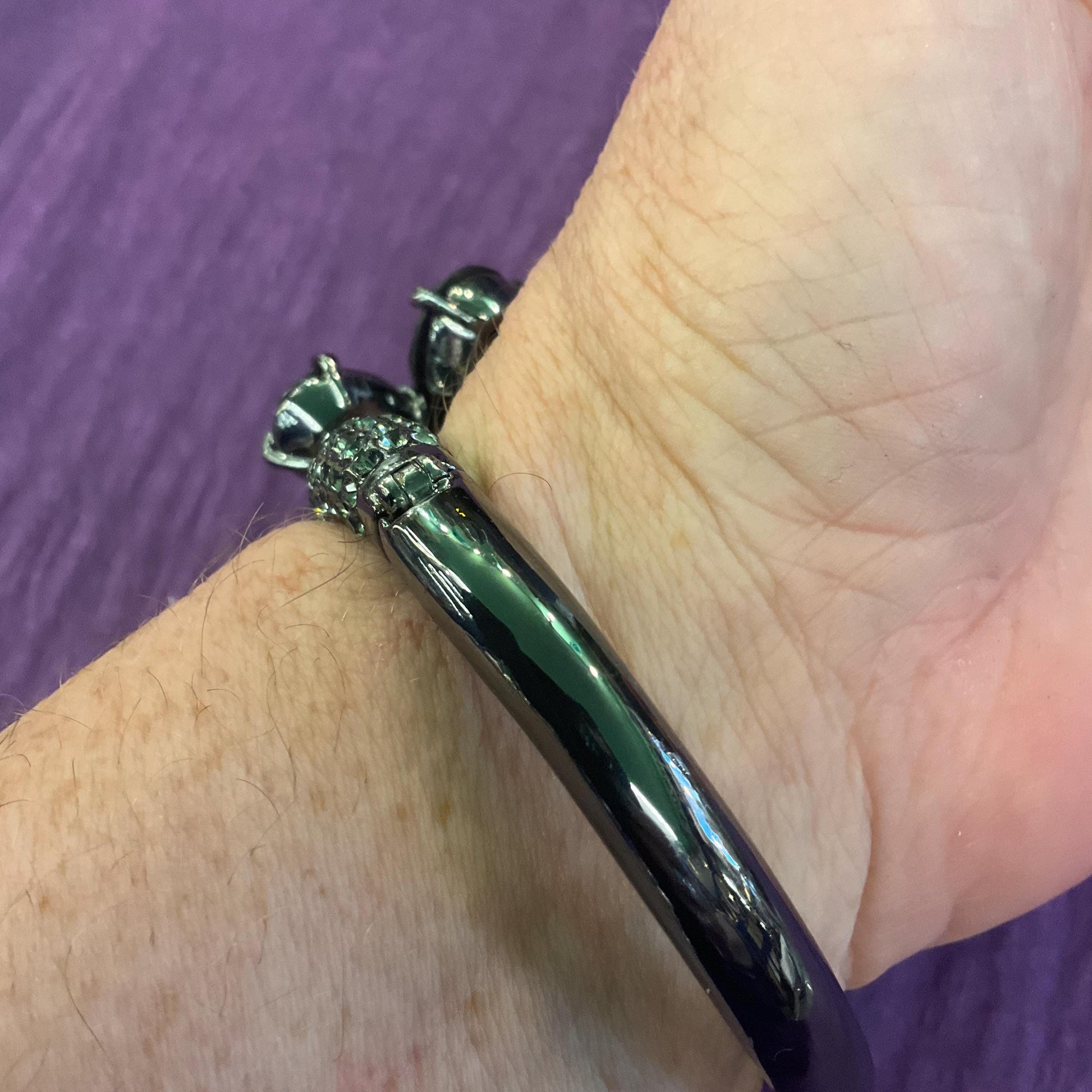 Vintage Butler and Wilson Statement Black Crystal Flower Bangle, Dark pewter tone with faceted crystals and pewter rhinestones