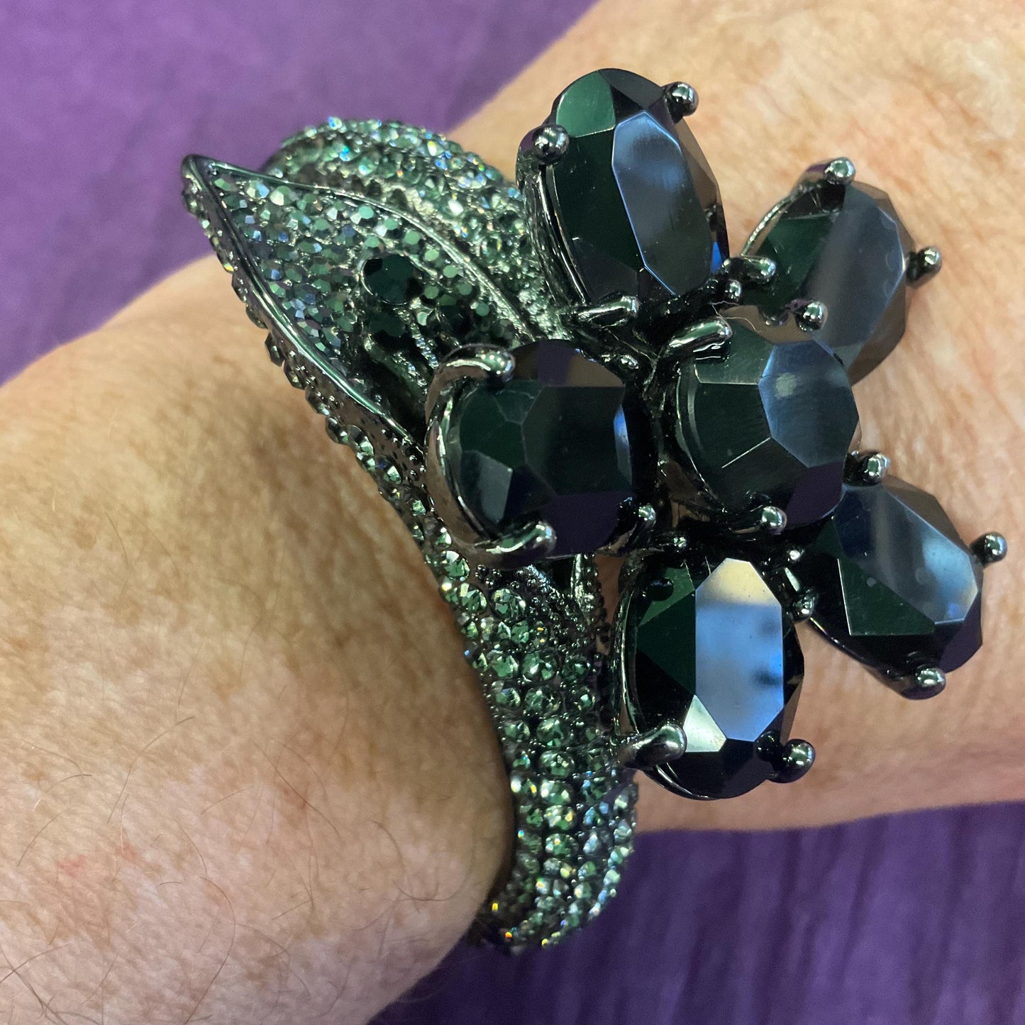 Vintage Butler and Wilson Statement Black Crystal Flower Bangle, Dark pewter tone with faceted crystals and pewter rhinestones