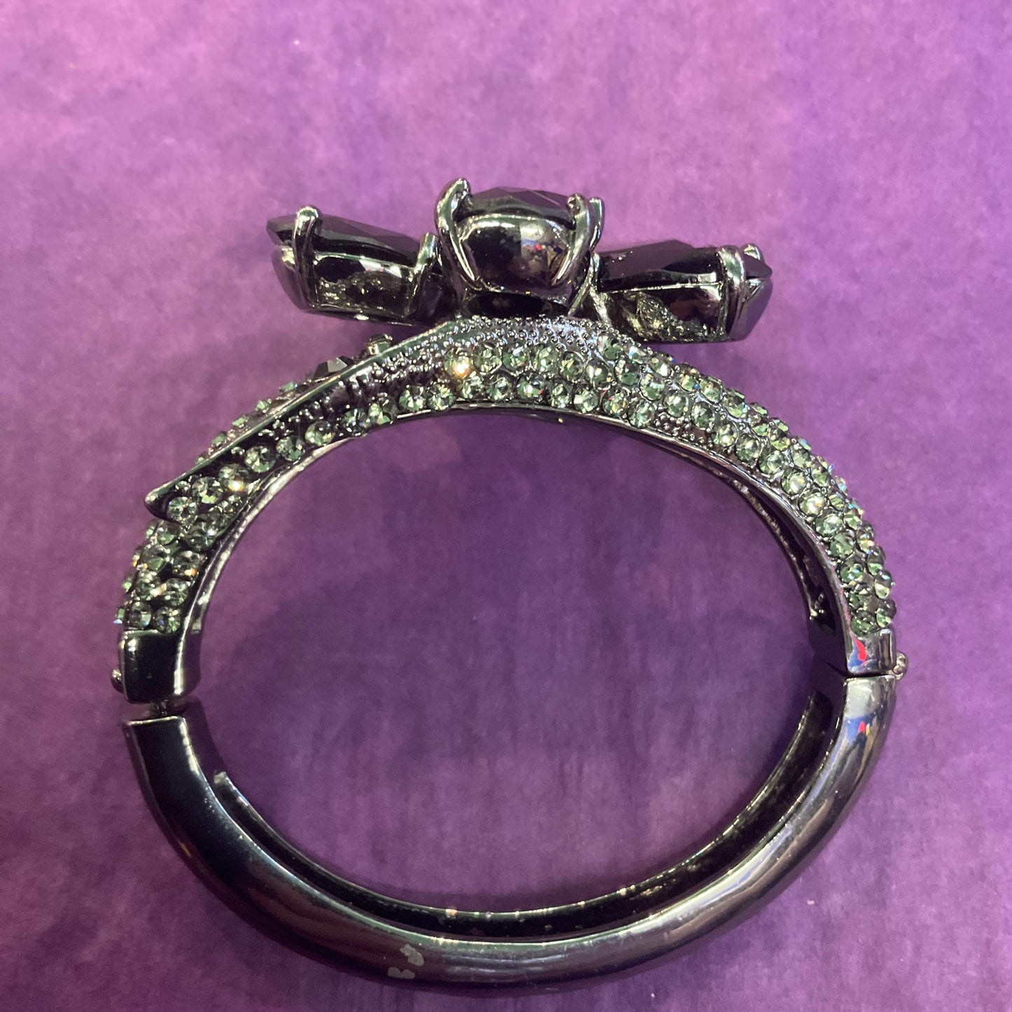 Vintage Butler and Wilson Statement Black Crystal Flower Bangle, Dark pewter tone with faceted crystals and pewter rhinestones