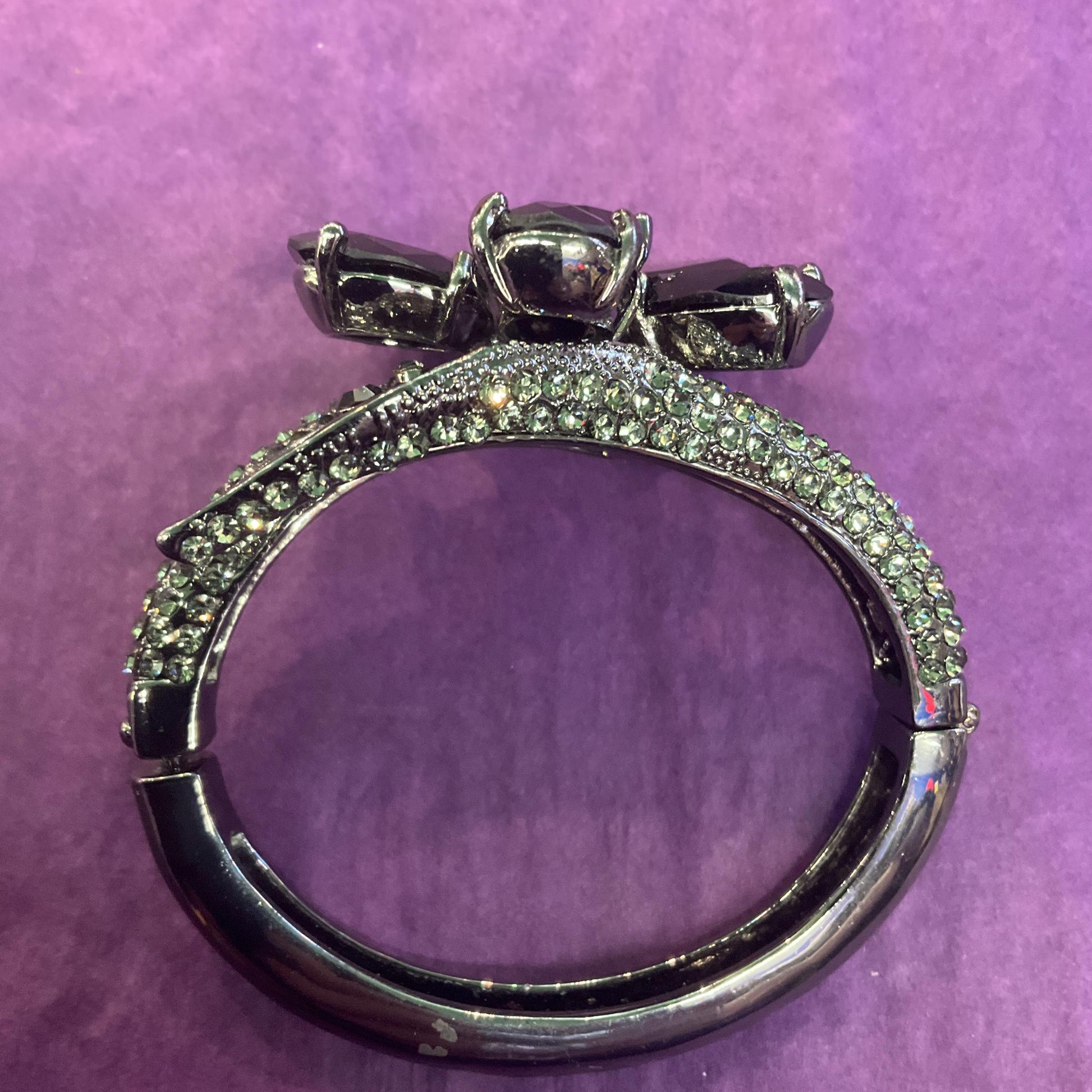 Vintage Butler and Wilson Statement Black Crystal Flower Bangle, Dark pewter tone with faceted crystals and pewter rhinestones