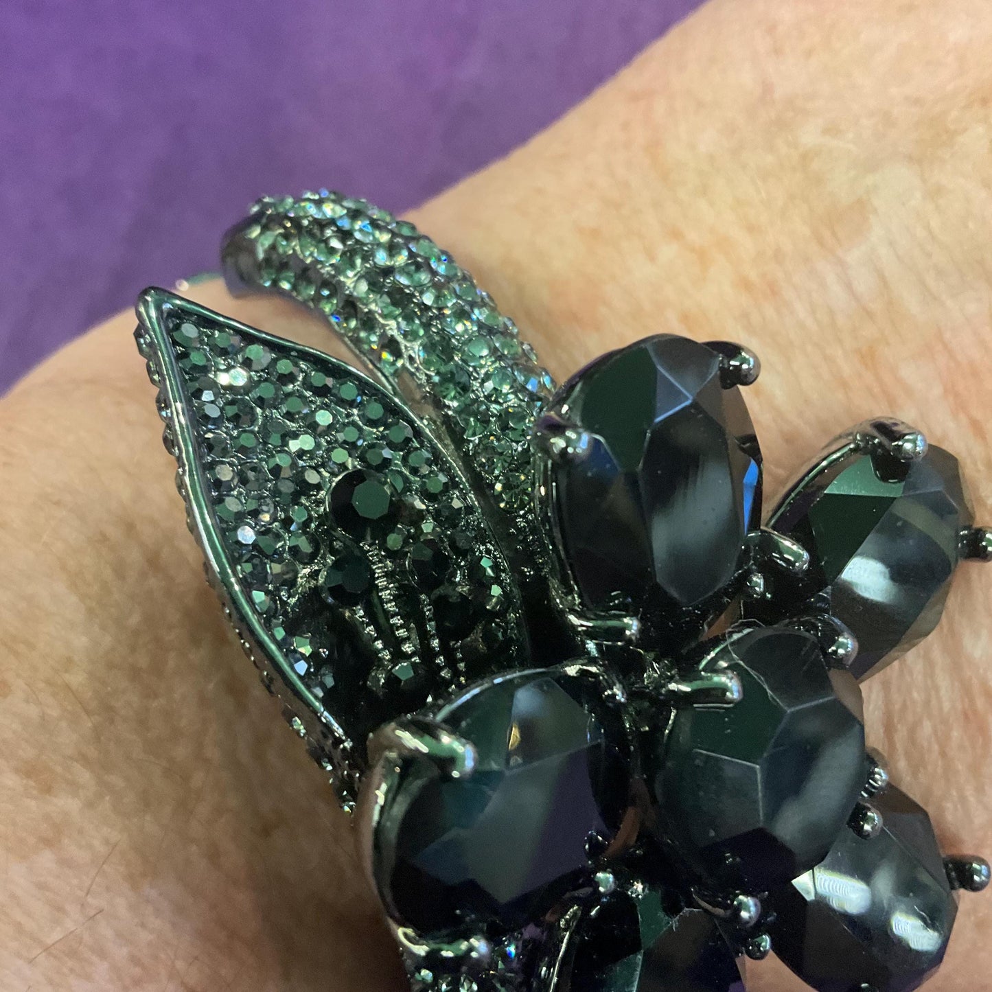 Vintage Butler and Wilson Statement Black Crystal Flower Bangle, Dark pewter tone with faceted crystals and pewter rhinestones