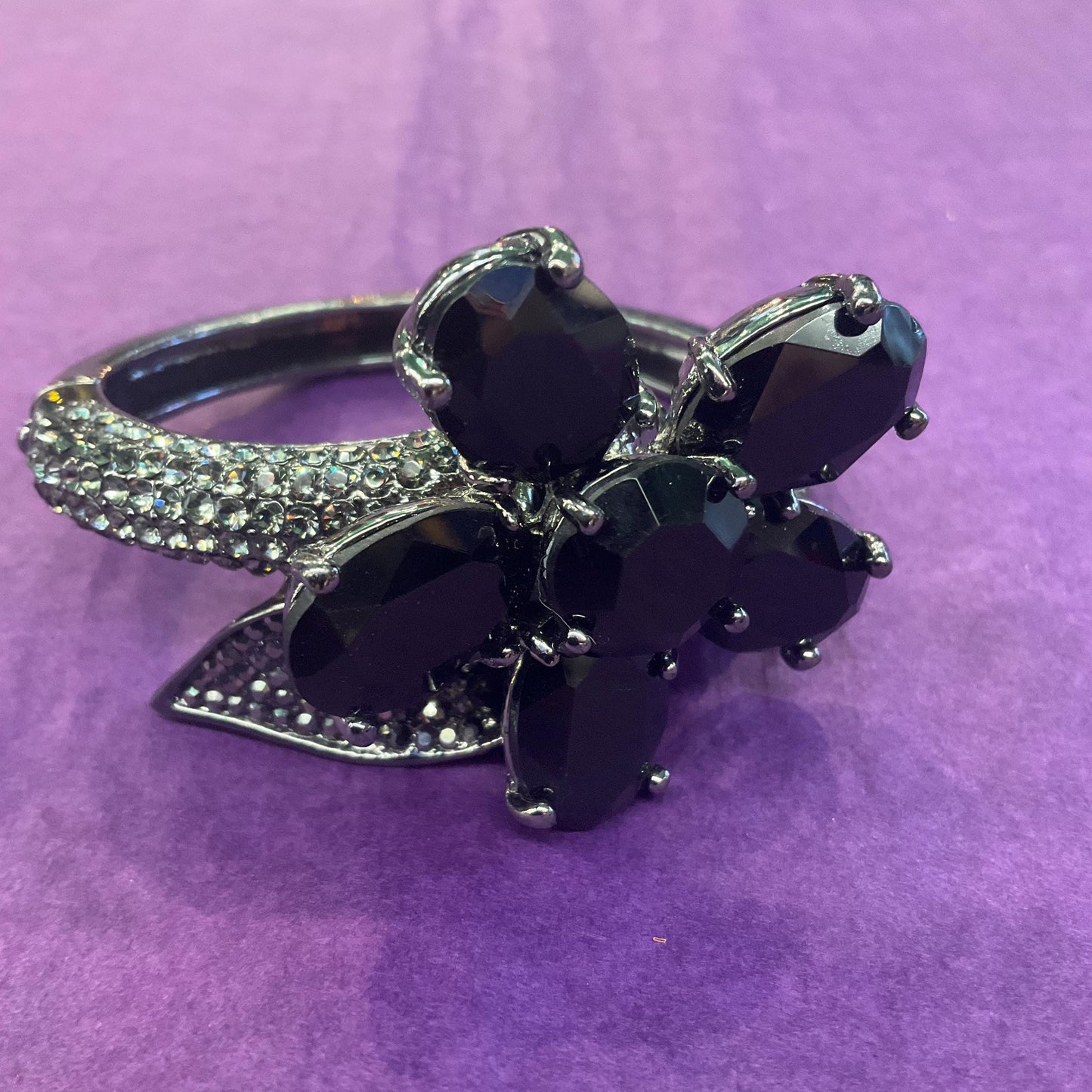 Vintage Butler and Wilson Statement Black Crystal Flower Bangle, Dark pewter tone with faceted crystals and pewter rhinestones