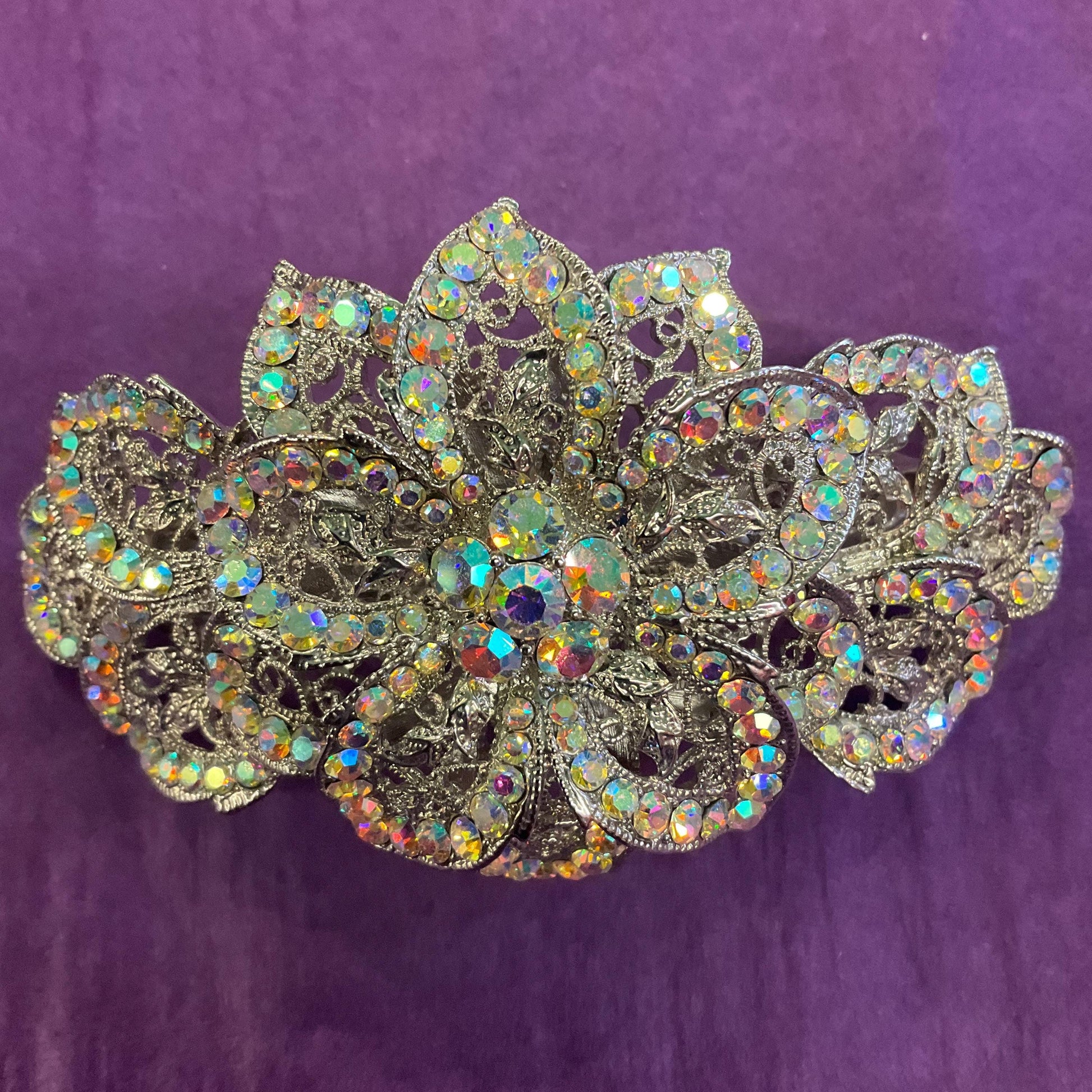 Vintage Butler and Wilson Statement Aurora Borealis Floral Barette Hair Clip, silver tone with rainbow rhinestones