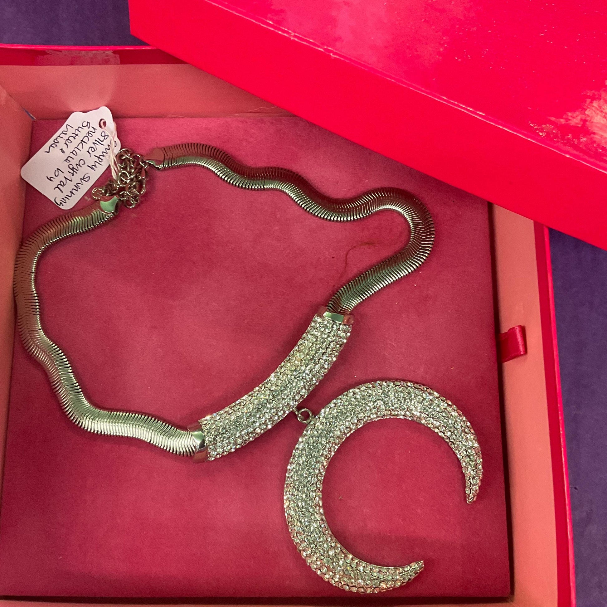 Vintage Butler and Wilson Statement Art Deco Style Crystal Crescent Moon Necklace, silver tone with rhinestones