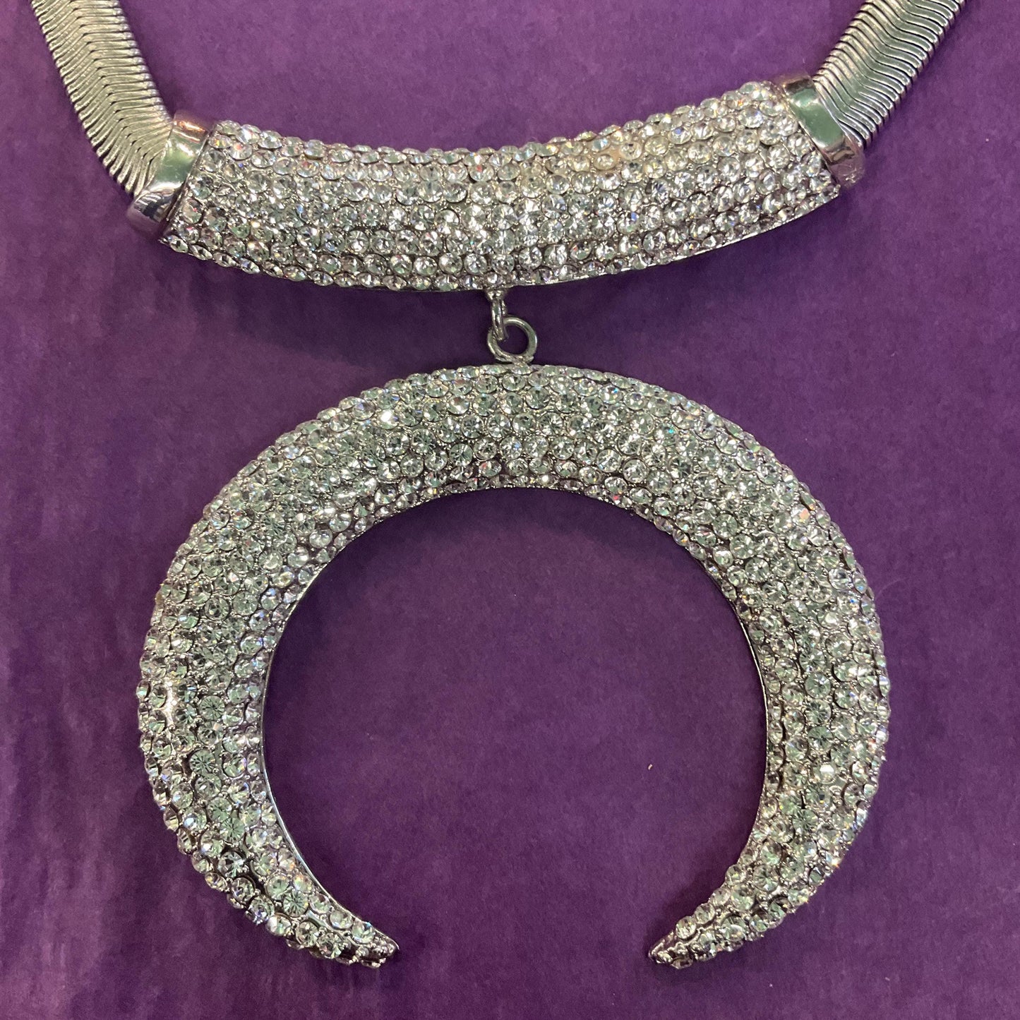 Vintage Butler and Wilson Statement Art Deco Style Crystal Crescent Moon Necklace, silver tone with rhinestones