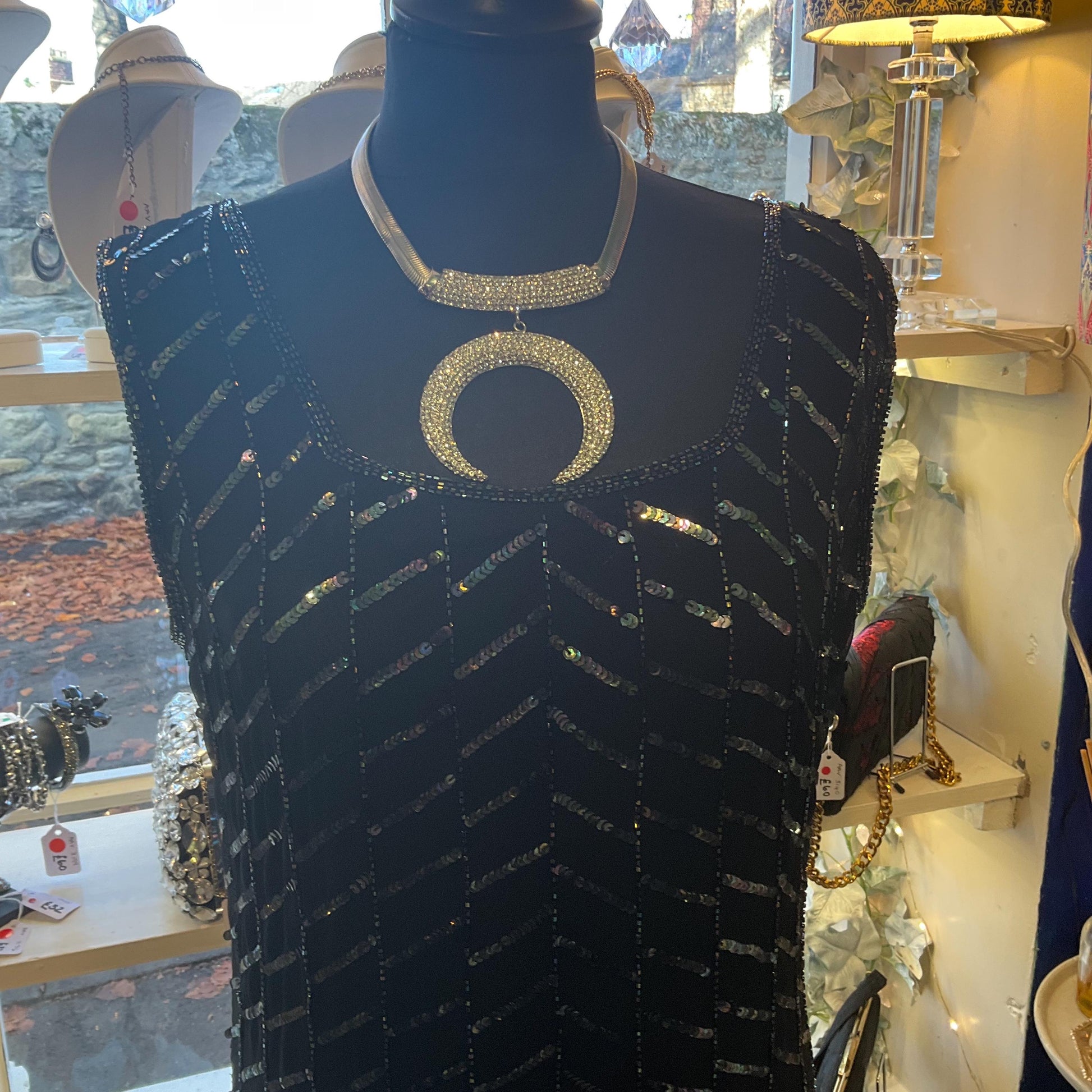 Vintage Butler and Wilson Statement Art Deco Style Crystal Crescent Moon Necklace, silver tone with rhinestones