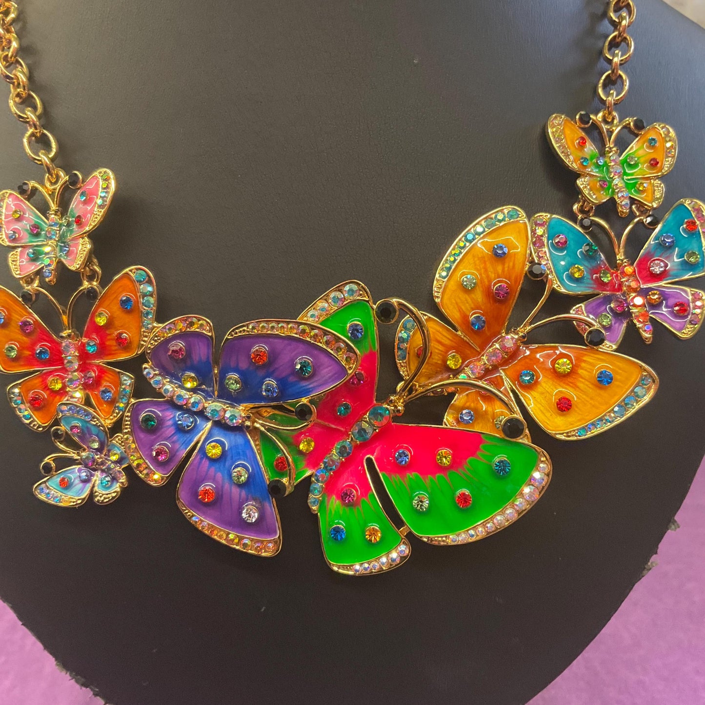Vintage Butler and Wilson Statement Enamel and Crystal Butterfly Necklace, gold tone with lustre enamel and rainbow rhinestones